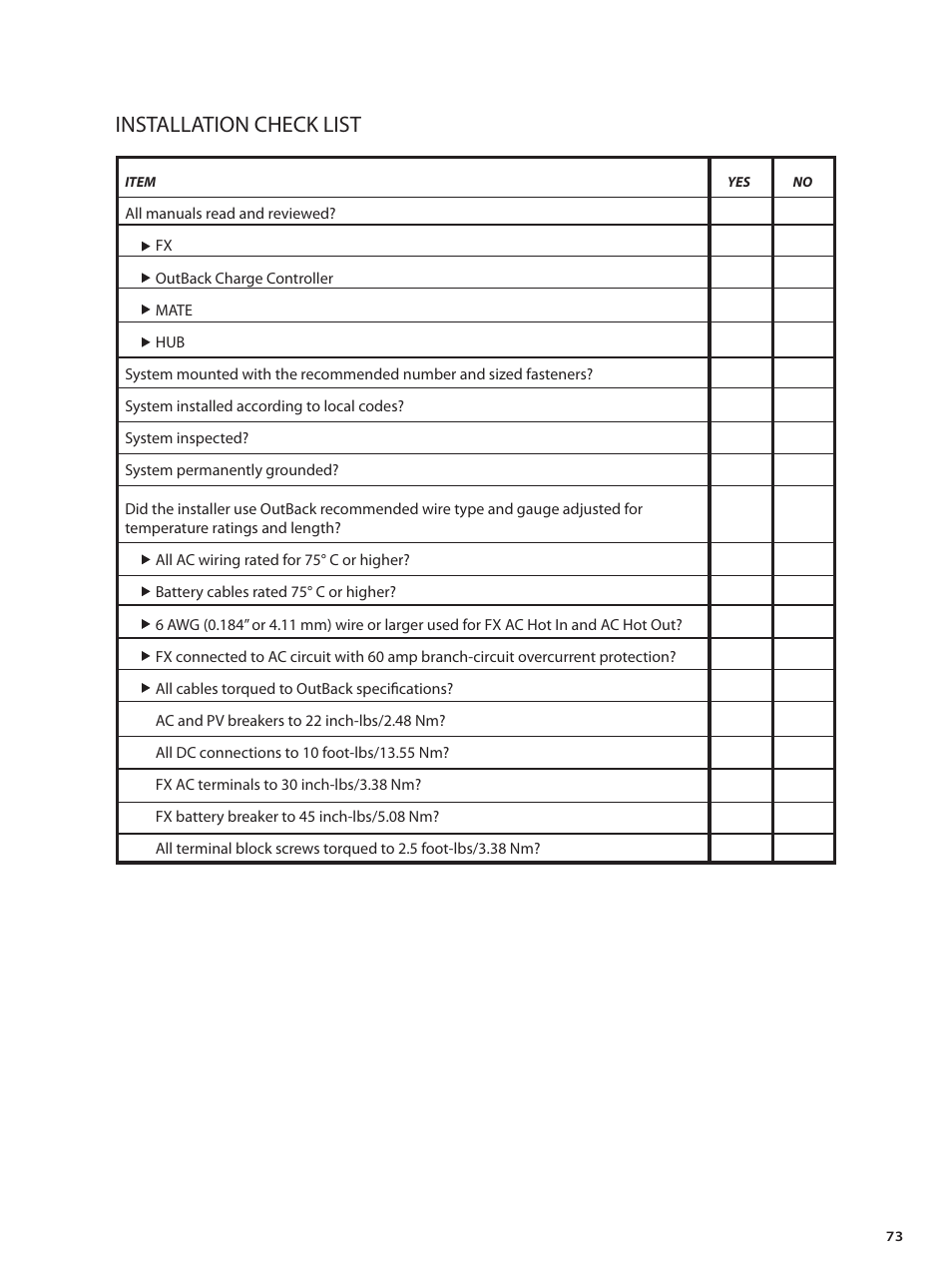 Installation check list | Outback Power Systems GVFX Series Inverter/Charger Installation Manual User Manual | Page 75 / 88