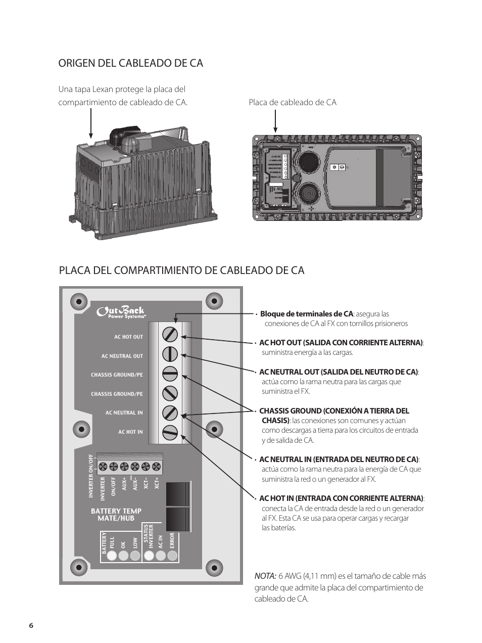 Origen del cableado de ca, Placa del compartimiento de cableado de ca, Placa de cableado de ca | Outback Power Systems GVFX Series Inverter/Charger Installation Manual User Manual | Page 8 / 88