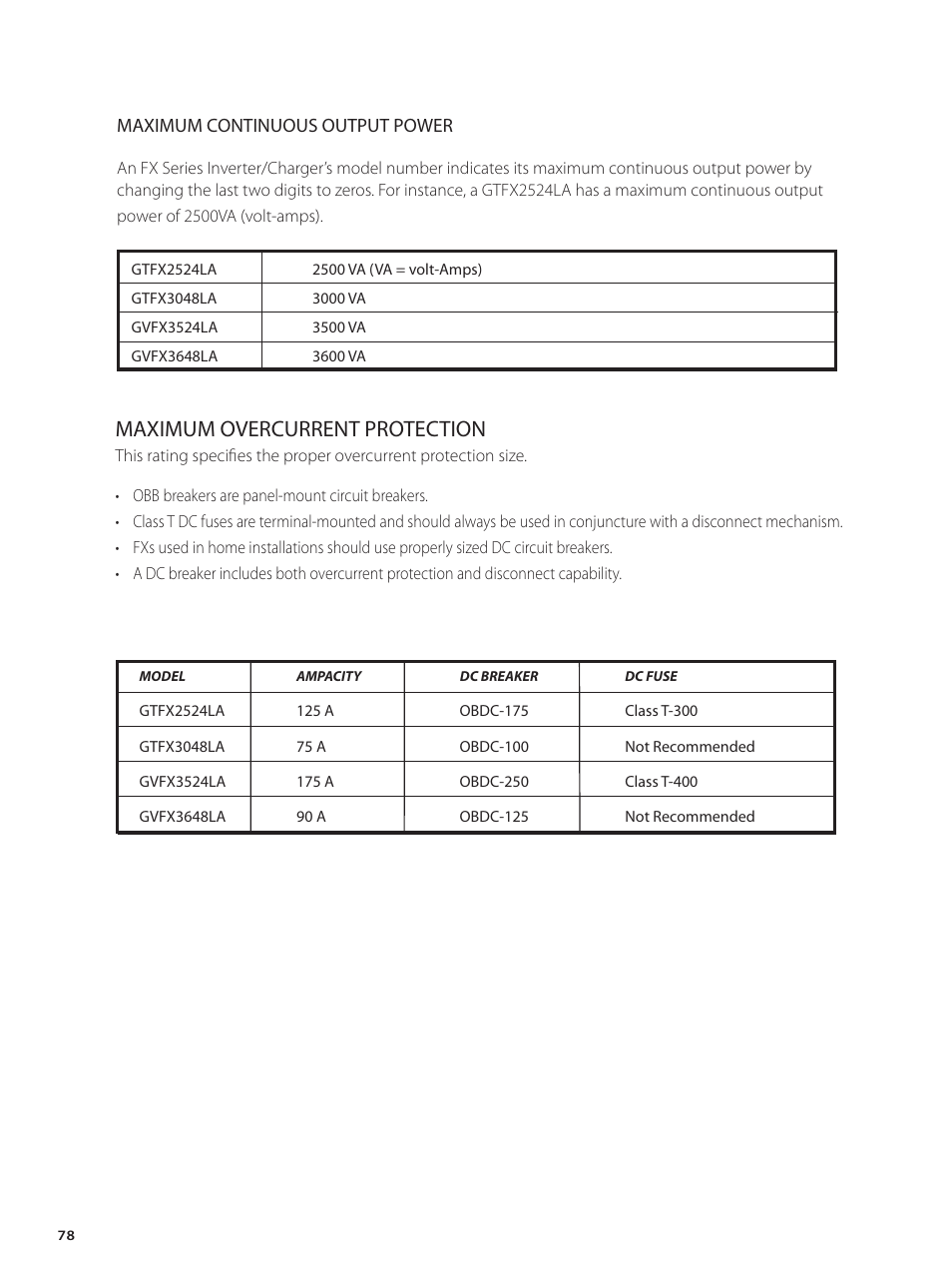 Maximum overcurrent protection | Outback Power Systems GVFX Series Inverter/Charger Installation Manual User Manual | Page 80 / 88