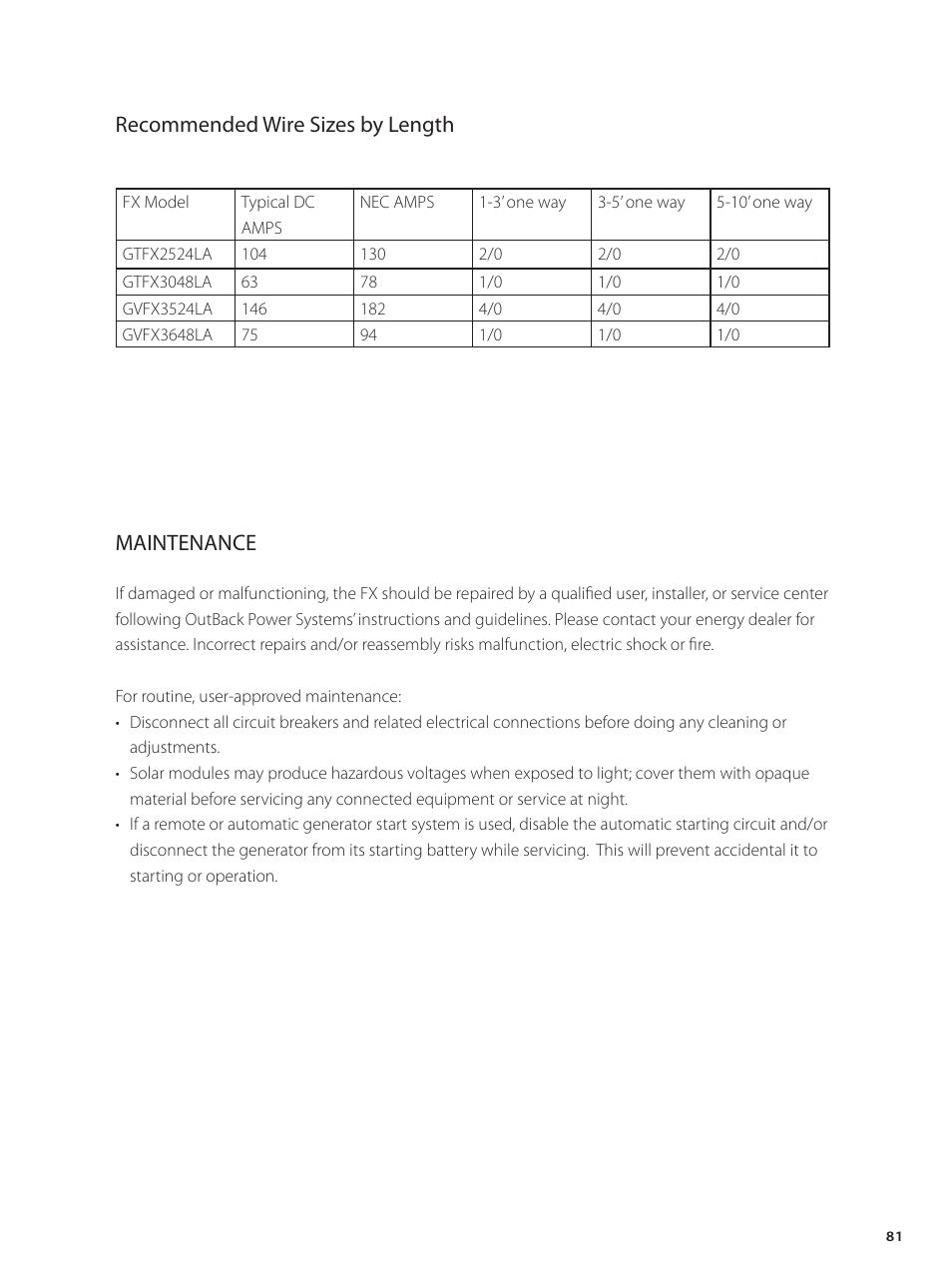 Maintenance, Recommended wire sizes by length | Outback Power Systems GVFX Series Inverter/Charger Installation Manual User Manual | Page 83 / 88