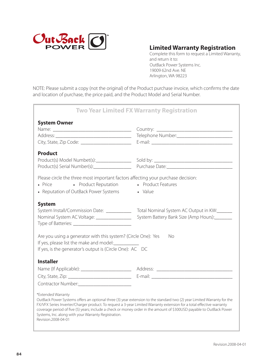 Limited warranty registration, Two year limited fx warranty registration | Outback Power Systems GVFX Series Inverter/Charger Installation Manual User Manual | Page 86 / 88