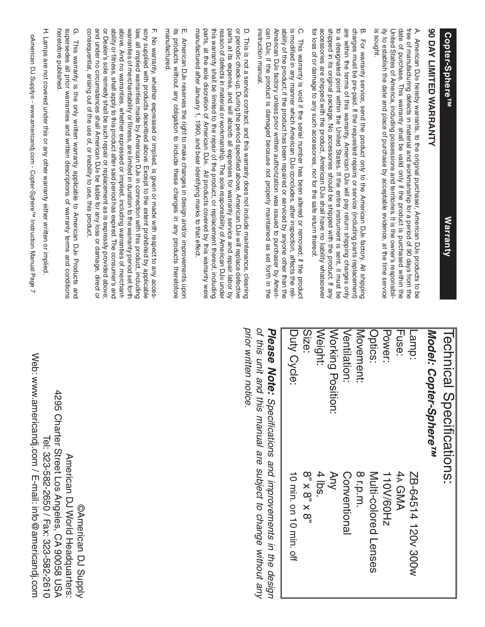 Technical specifications, Duty cycle, 10 min. on 10 min. off | American DJ Copter-Sphere User Manual | Page 4 / 4