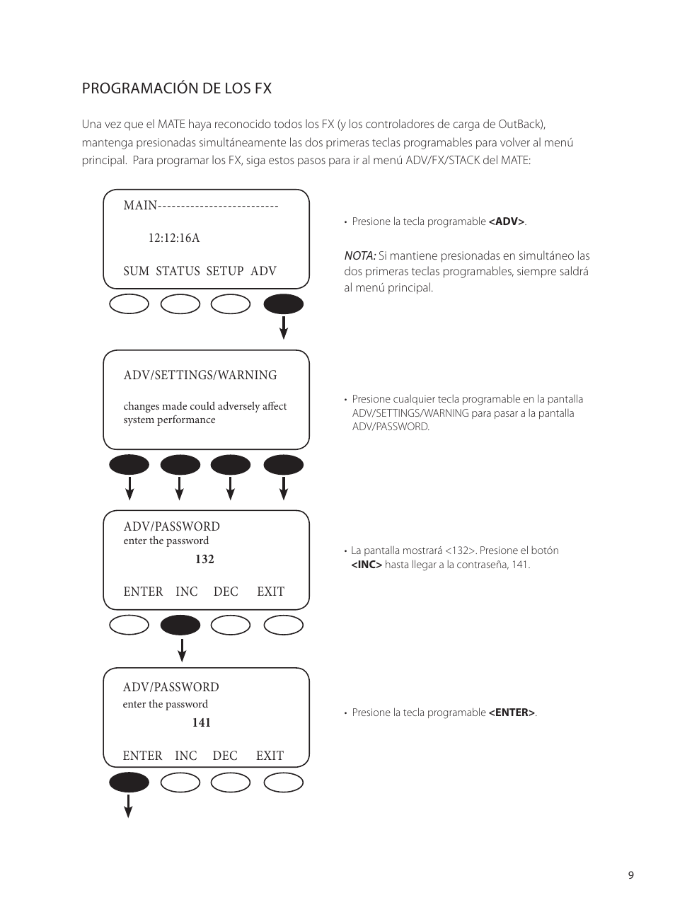 Programación de los fx | Outback Power Systems GVFX Series Inverter/Charger Programing Manual User Manual | Page 11 / 64