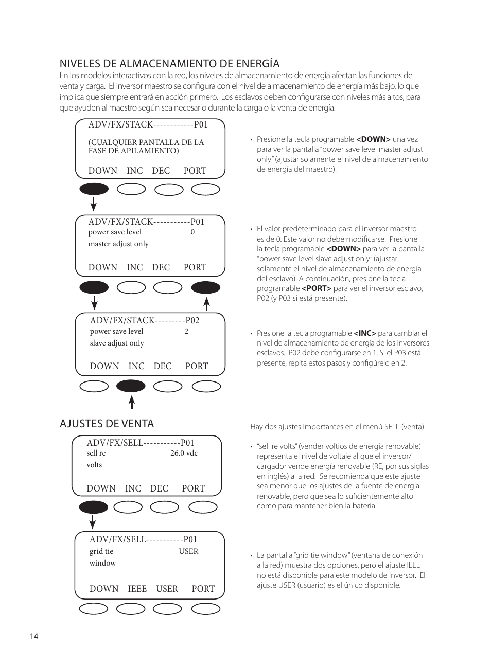 Niveles de almacenamiento de energía, Ajustes de venta | Outback Power Systems GVFX Series Inverter/Charger Programing Manual User Manual | Page 16 / 64