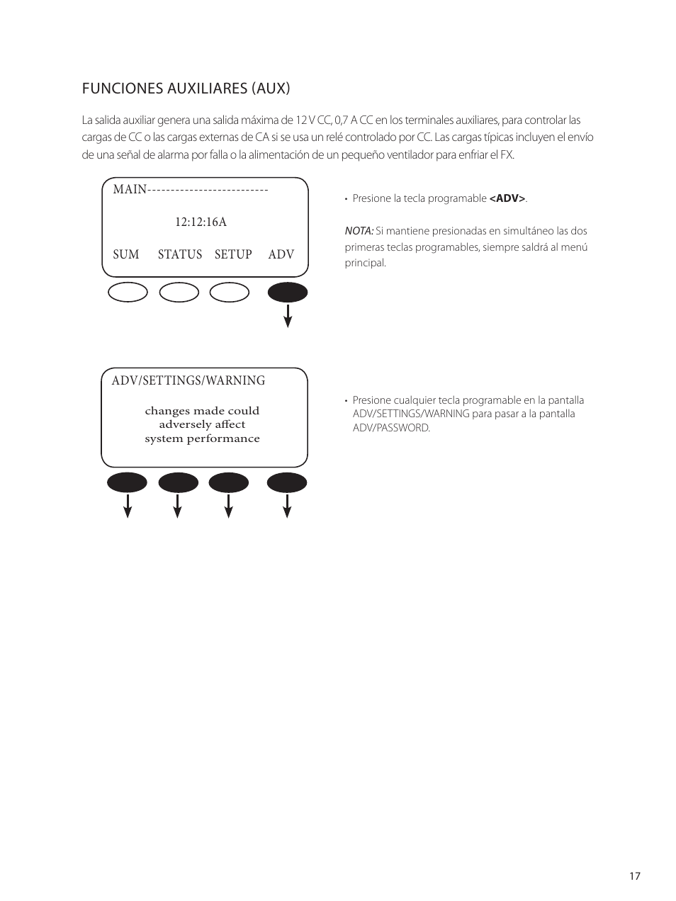 Funciones auxiliares (aux) | Outback Power Systems GVFX Series Inverter/Charger Programing Manual User Manual | Page 19 / 64