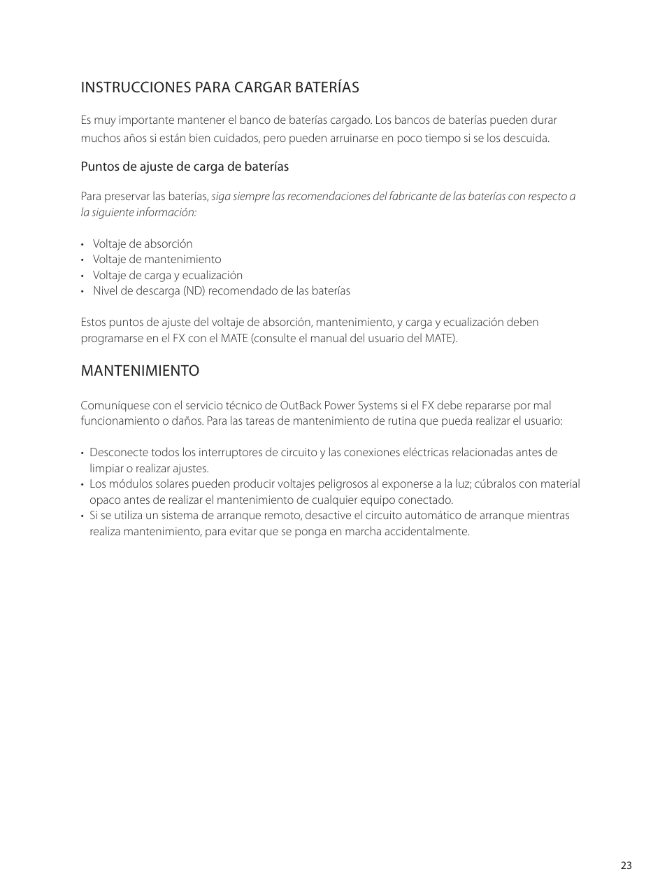 Instrucciones para cargar baterías, Mantenimiento | Outback Power Systems GVFX Series Inverter/Charger Programing Manual User Manual | Page 25 / 64