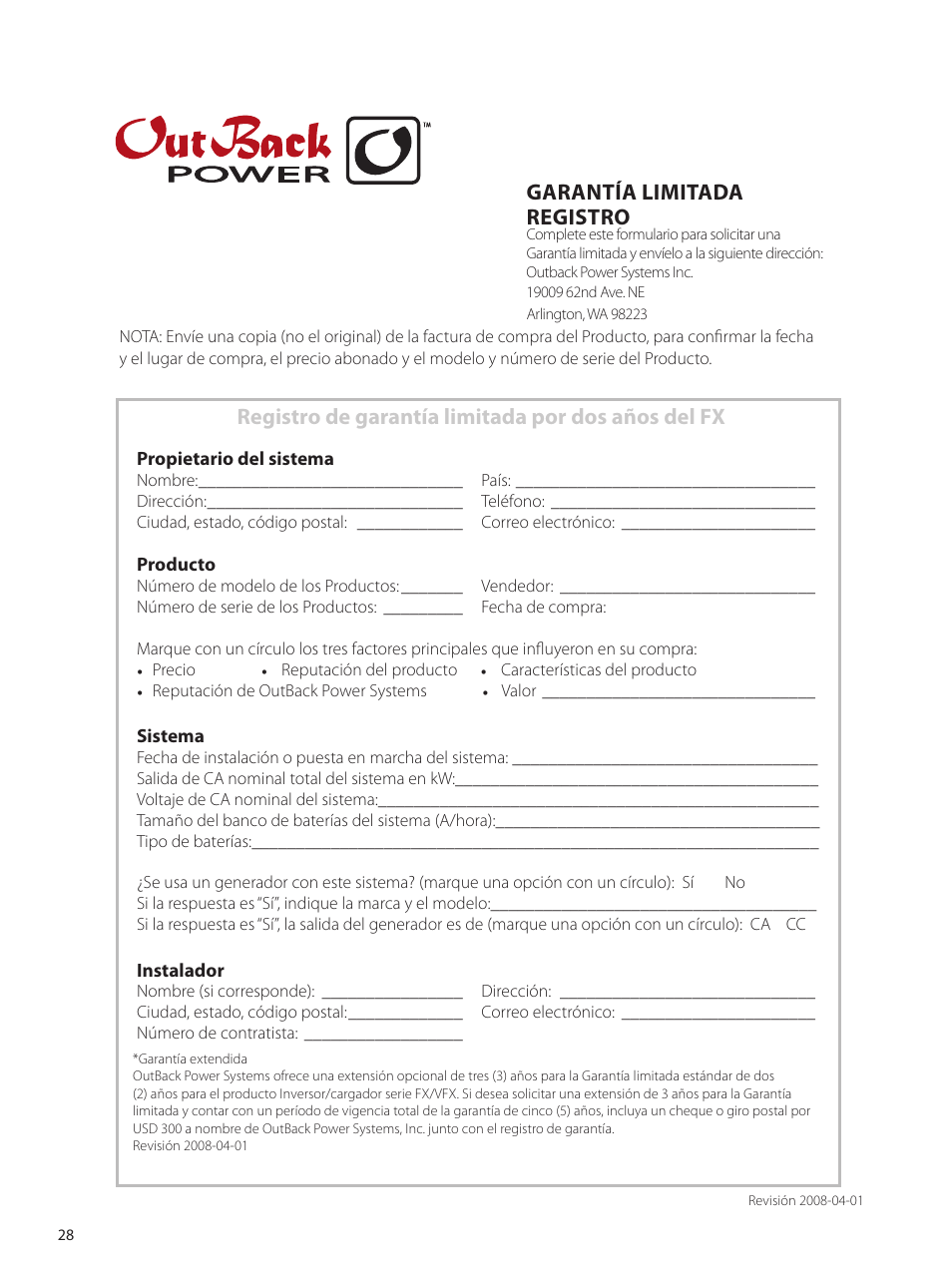 Garantía limitada registro, Registro de garantía limitada por dos años del fx | Outback Power Systems GVFX Series Inverter/Charger Programing Manual User Manual | Page 30 / 64