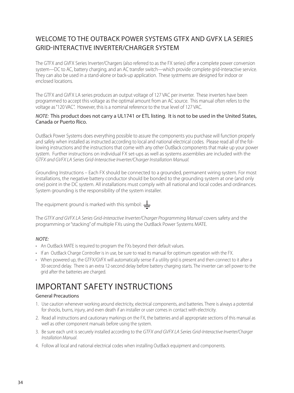 Important safety instructions | Outback Power Systems GVFX Series Inverter/Charger Programing Manual User Manual | Page 36 / 64