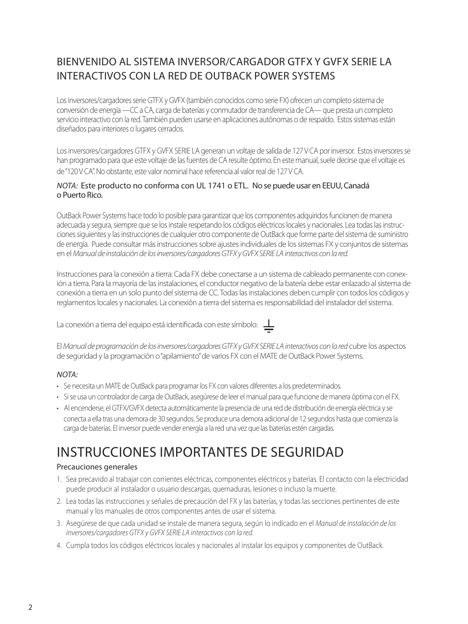 Instrucciones importantes de seguridad | Outback Power Systems GVFX Series Inverter/Charger Programing Manual User Manual | Page 4 / 64