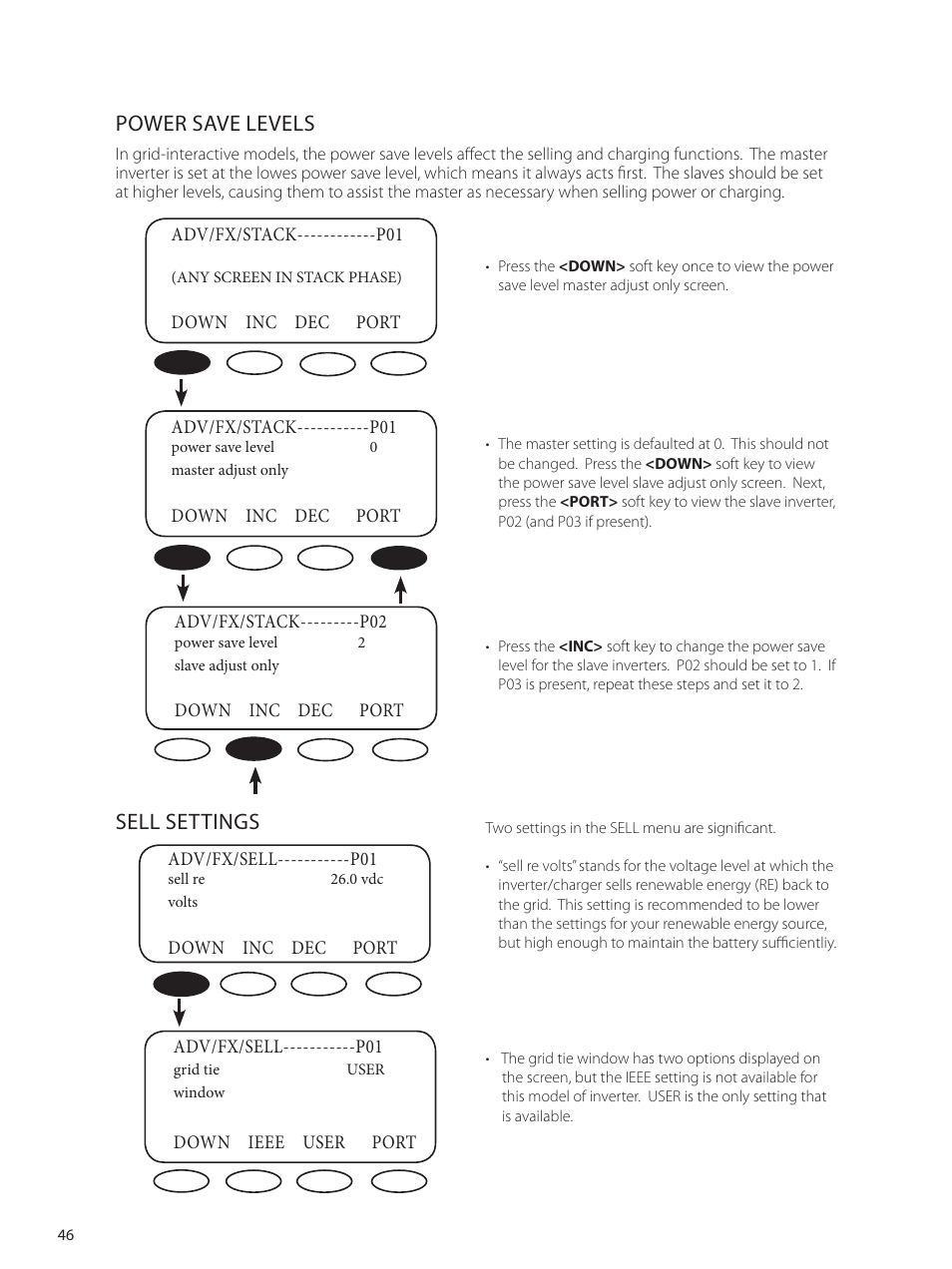 Power save levels, Sell settings | Outback Power Systems GVFX Series Inverter/Charger Programing Manual User Manual | Page 48 / 64