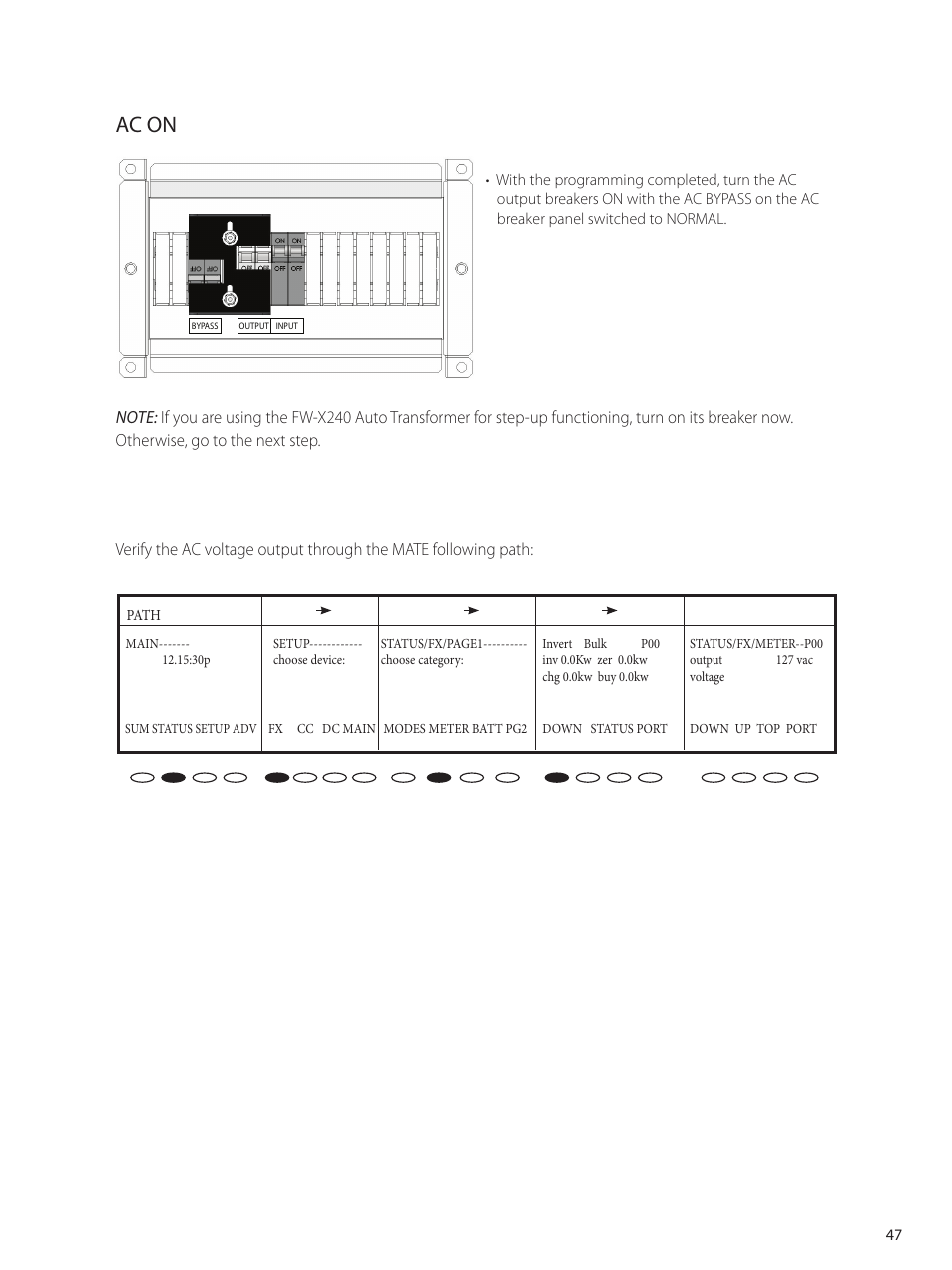 Ac on | Outback Power Systems GVFX Series Inverter/Charger Programing Manual User Manual | Page 49 / 64