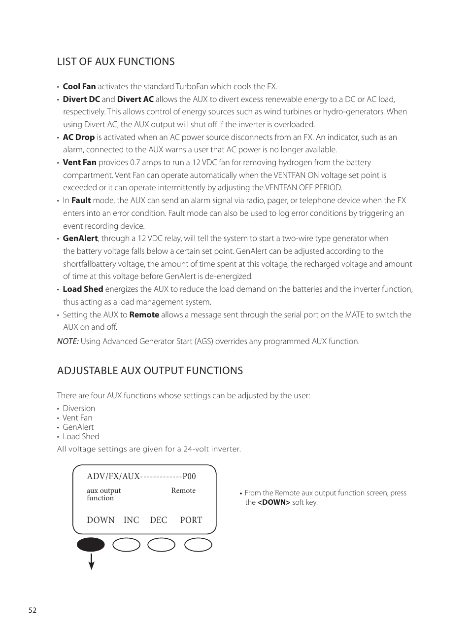 List of aux functions, Adjustable aux output functions | Outback Power Systems GVFX Series Inverter/Charger Programing Manual User Manual | Page 54 / 64