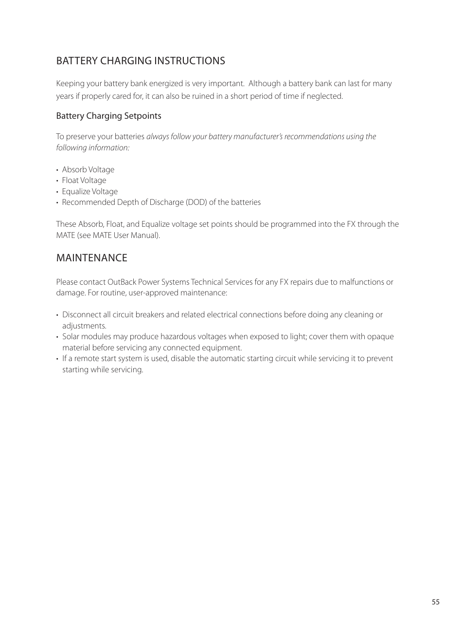 Battery charging instructions, Maintenance | Outback Power Systems GVFX Series Inverter/Charger Programing Manual User Manual | Page 57 / 64