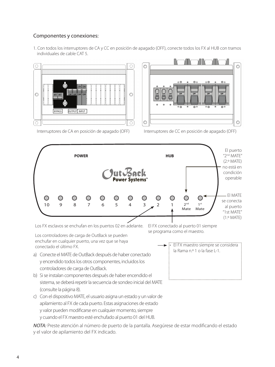 Componentes y conexiones | Outback Power Systems GVFX Series Inverter/Charger Programing Manual User Manual | Page 6 / 64