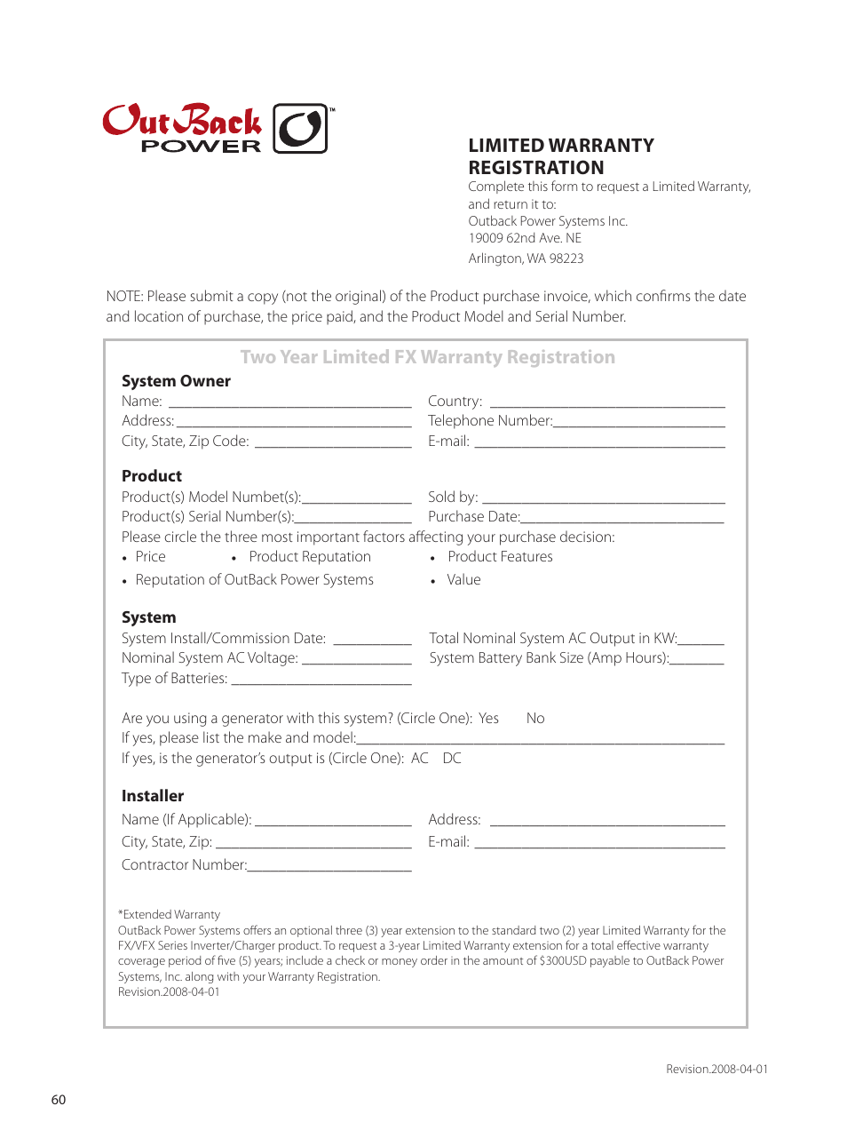 Limited warranty registration, Two year limited fx warranty registration | Outback Power Systems GVFX Series Inverter/Charger Programing Manual User Manual | Page 62 / 64