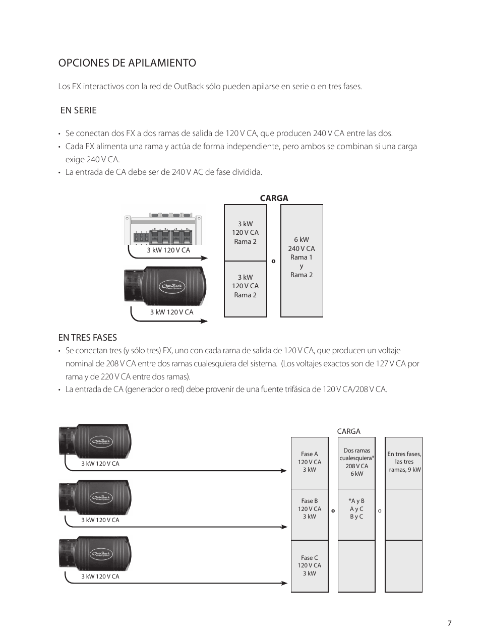 Opciones de apilamiento, En serie, En tres fases | Outback Power Systems GVFX Series Inverter/Charger Programing Manual User Manual | Page 9 / 64