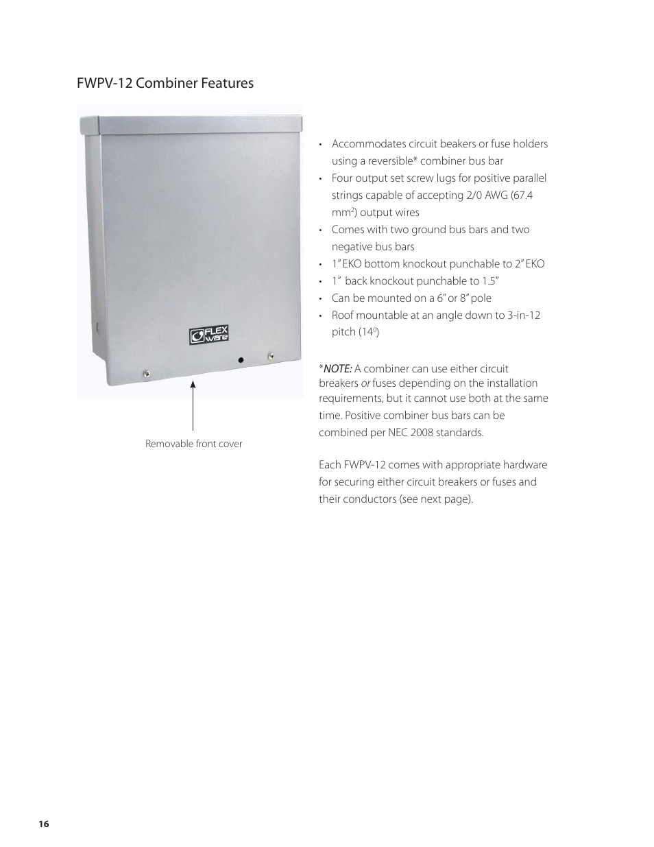 Fwpv-12 combiner features | Outback Power Systems PV 12 Combiner User Manual | Page 18 / 28