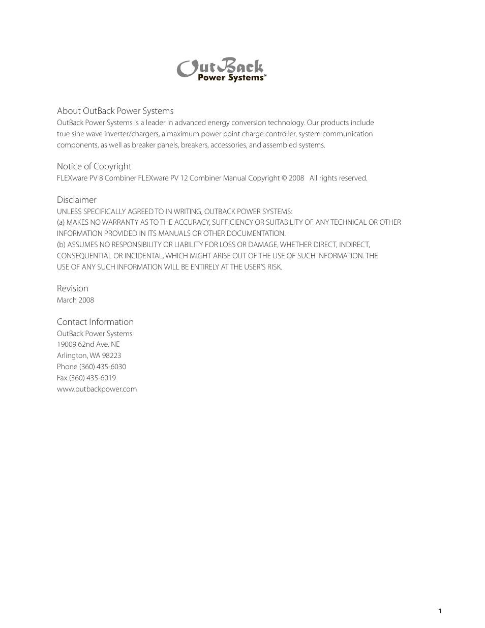 Outback Power Systems PV 12 Combiner User Manual | Page 3 / 28