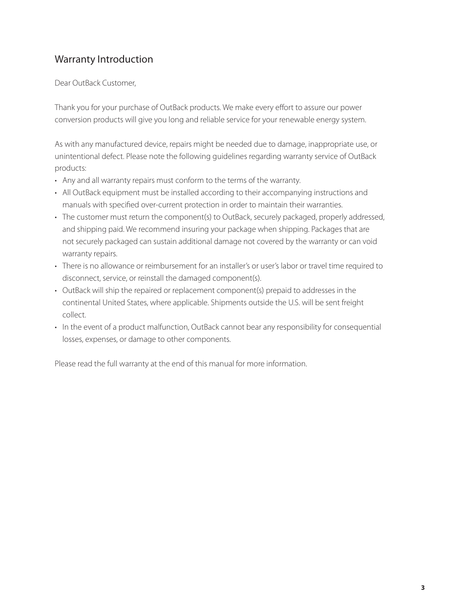 Warranty introduction | Outback Power Systems PV 12 Combiner User Manual | Page 5 / 28