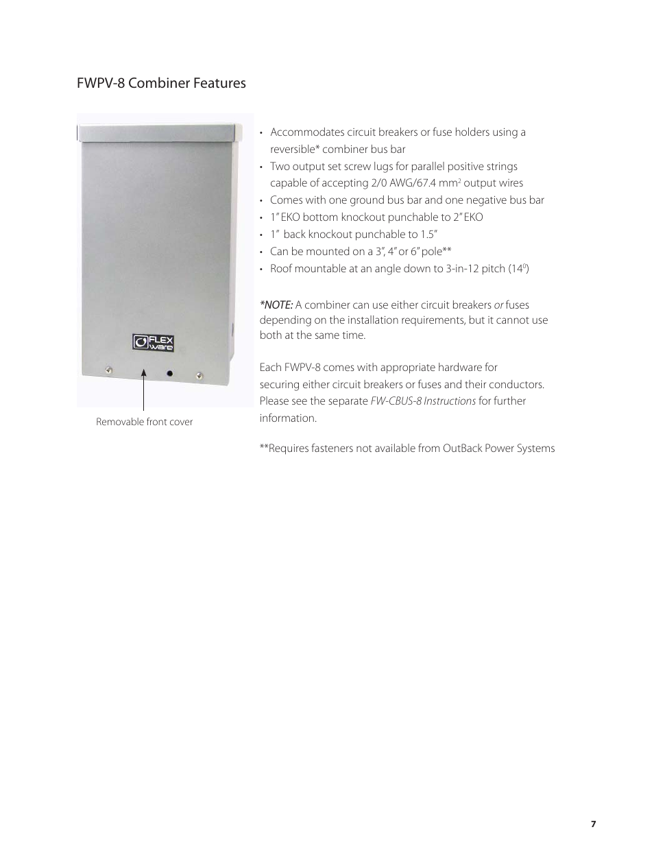 Fwpv-8 combiner features | Outback Power Systems PV 12 Combiner User Manual | Page 9 / 28