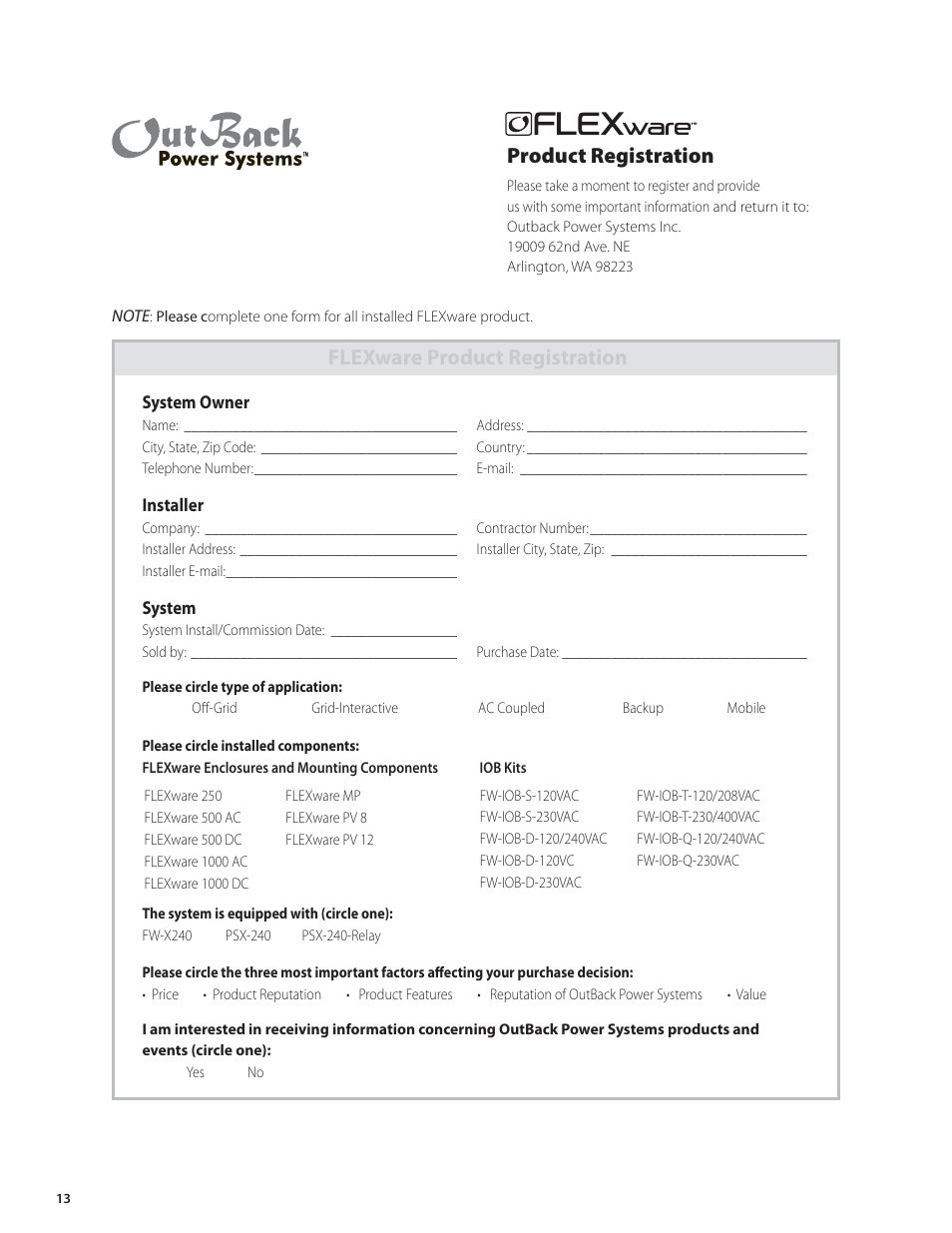 Flexware product registration, Product registration | Outback Power Systems FW-X240 Installation Manual User Manual | Page 14 / 16