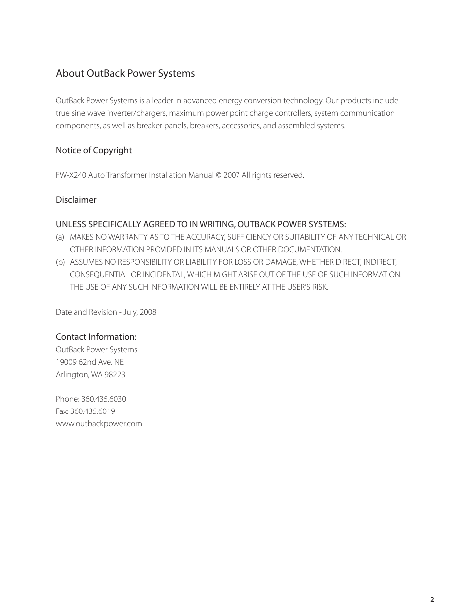 About outback power systems | Outback Power Systems FW-X240 Installation Manual User Manual | Page 3 / 16
