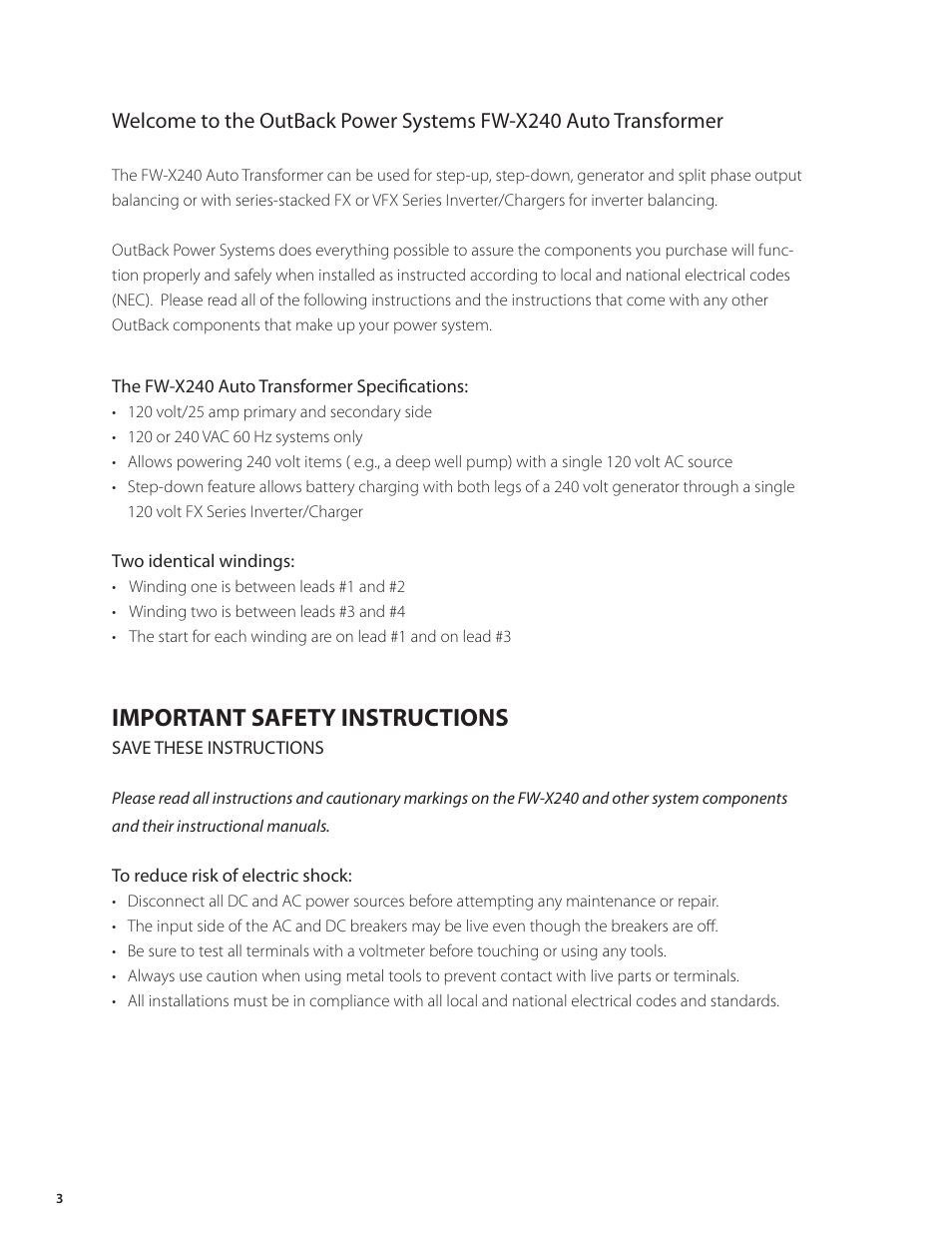 Important safety instructions | Outback Power Systems FW-X240 Installation Manual User Manual | Page 4 / 16