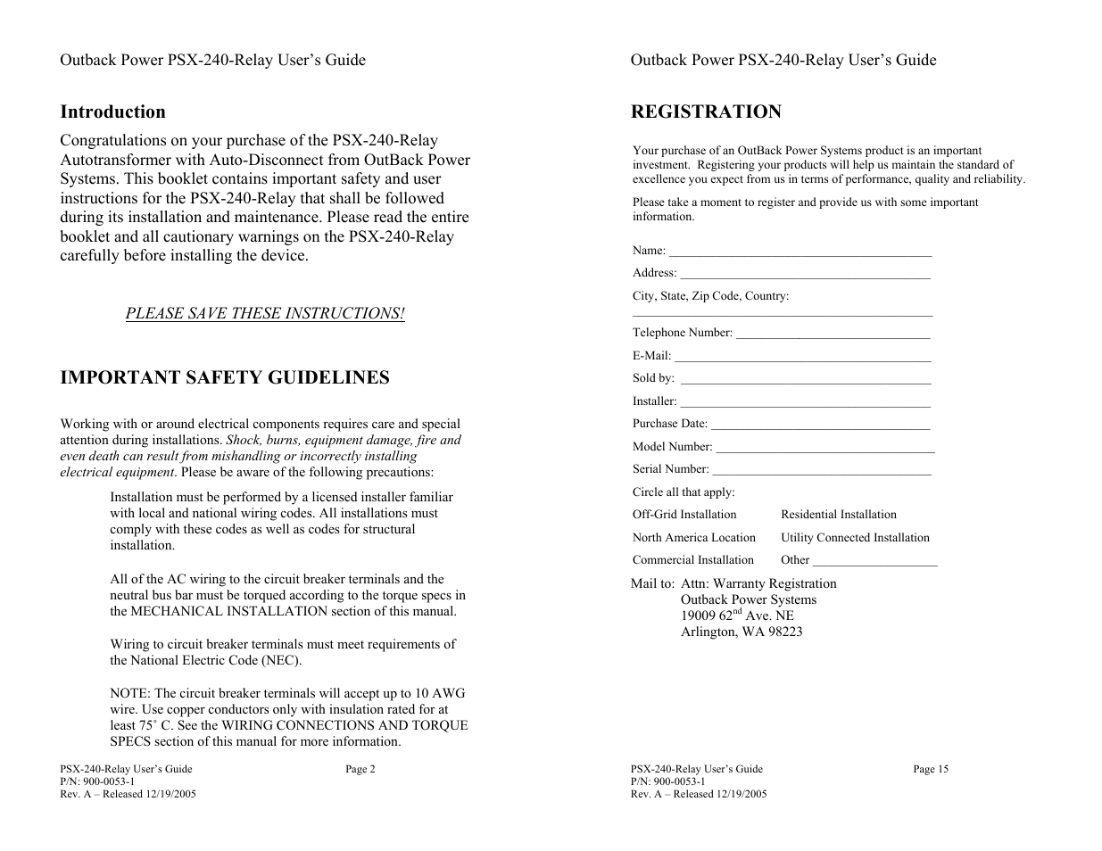 Introduction, Important safety guidelines, Registration | Outback Power Systems PSX-240-Relay Installation Manual User Manual | Page 2 / 8