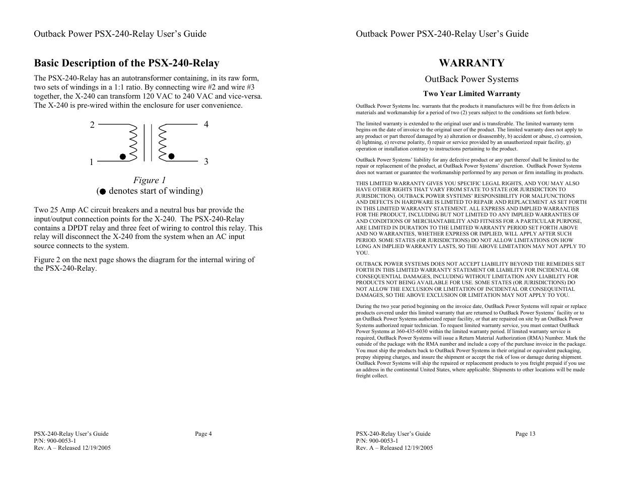 Basic description of the psx-240-relay, Warranty | Outback Power Systems PSX-240-Relay Installation Manual User Manual | Page 4 / 8