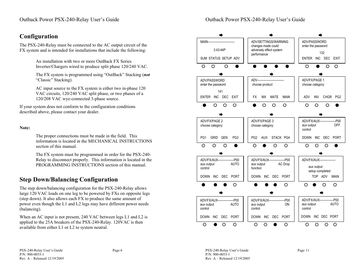 Configuration, Step down/balancing configuration | Outback Power Systems PSX-240-Relay Installation Manual User Manual | Page 6 / 8