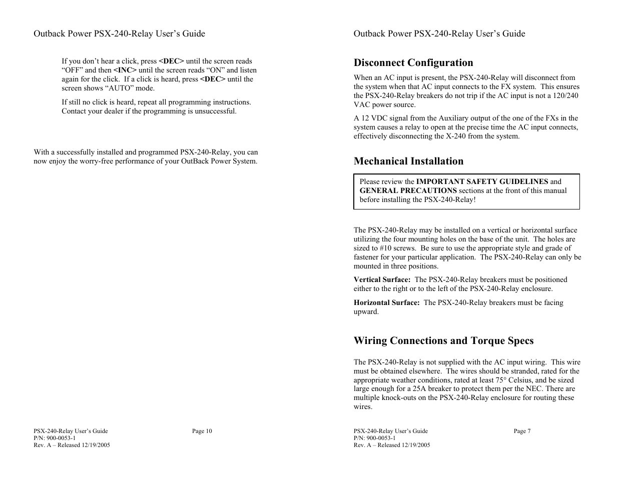 Disconnect configuration, Mechanical installation, Wiring connections and torque specs | Outback Power Systems PSX-240-Relay Installation Manual User Manual | Page 7 / 8