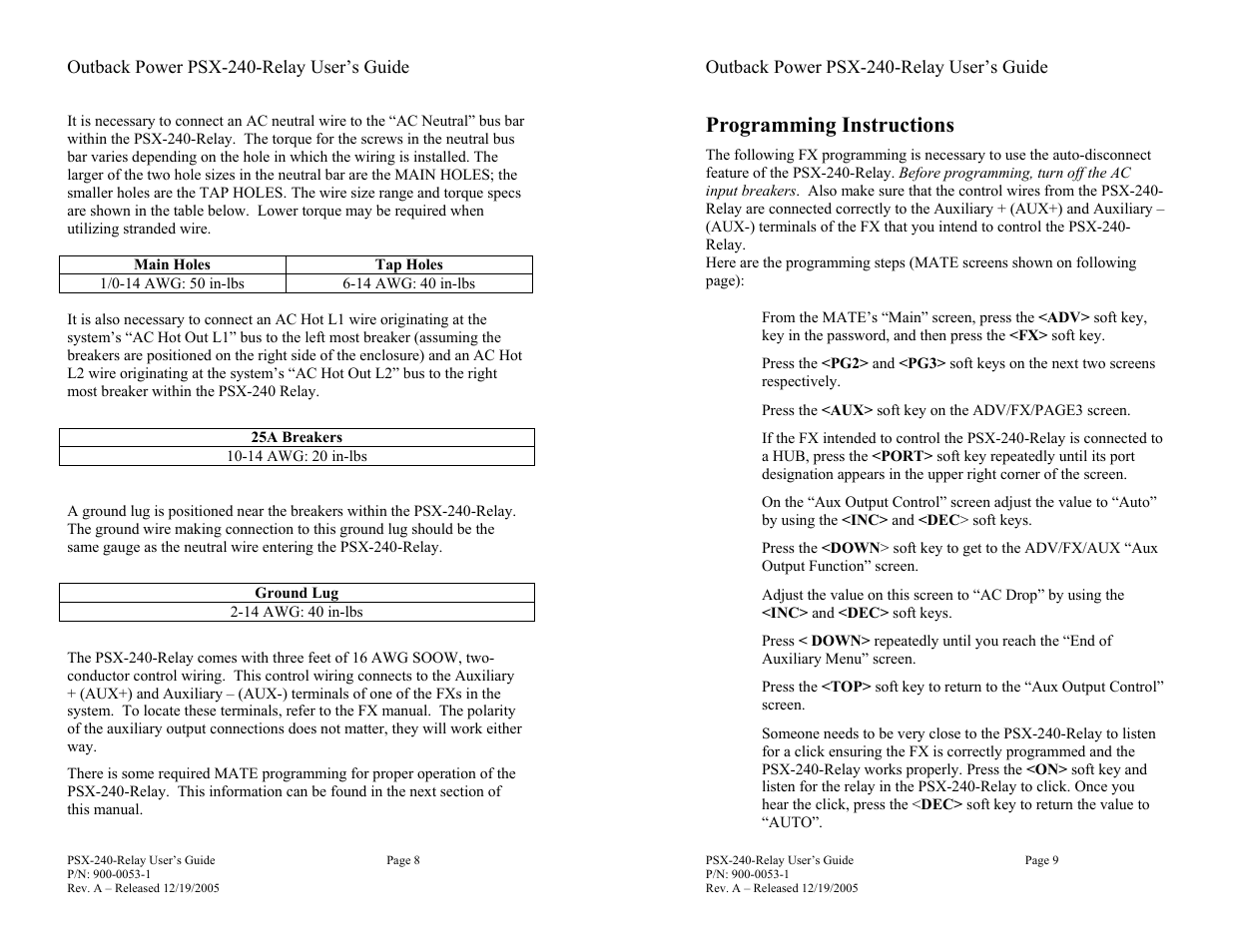 Programming instructions | Outback Power Systems PSX-240-Relay Installation Manual User Manual | Page 8 / 8
