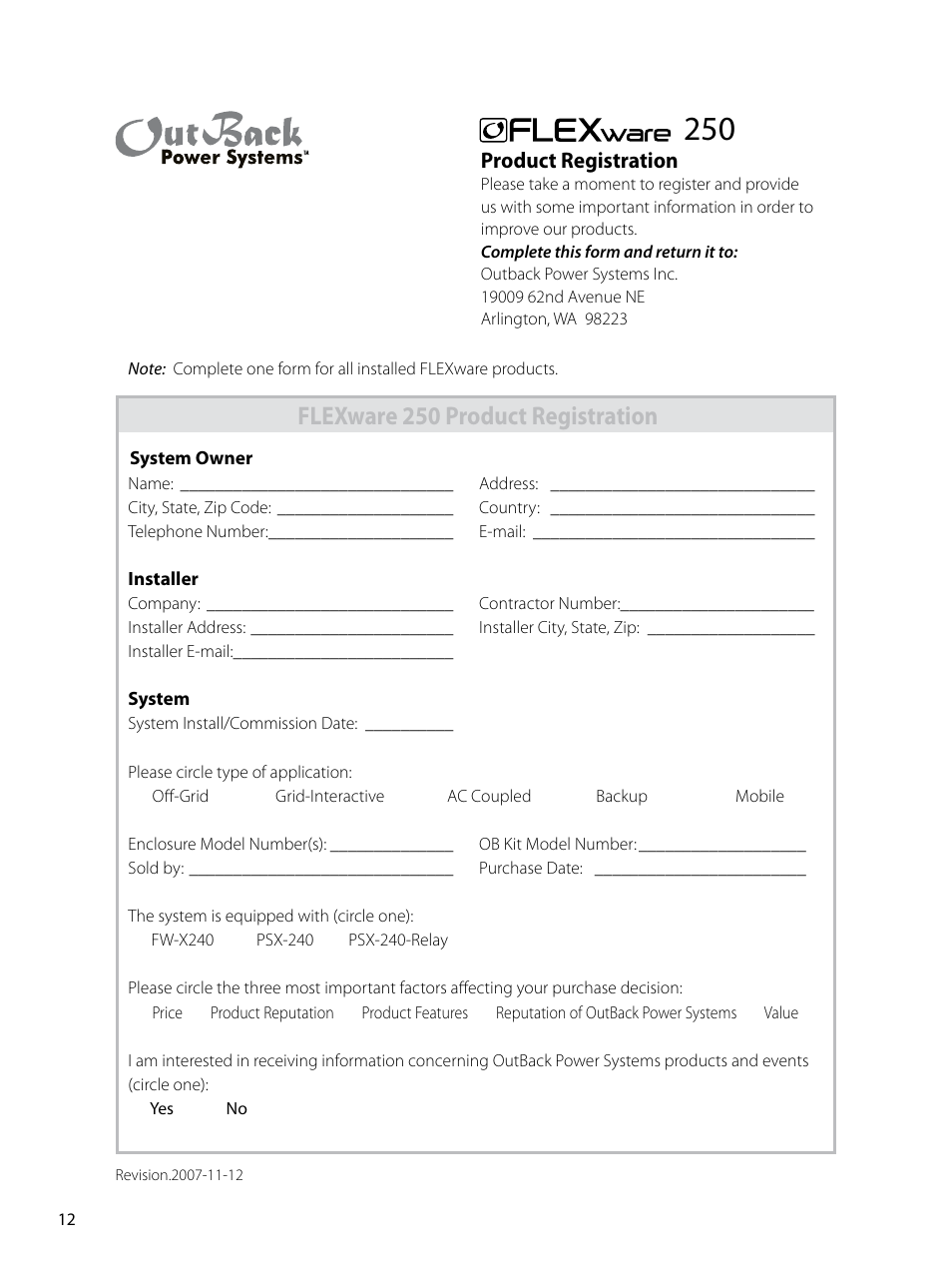 Flexware 250 product registration, Product registration | Outback Power Systems FLEXware 250 - Users Guide User Manual | Page 14 / 16