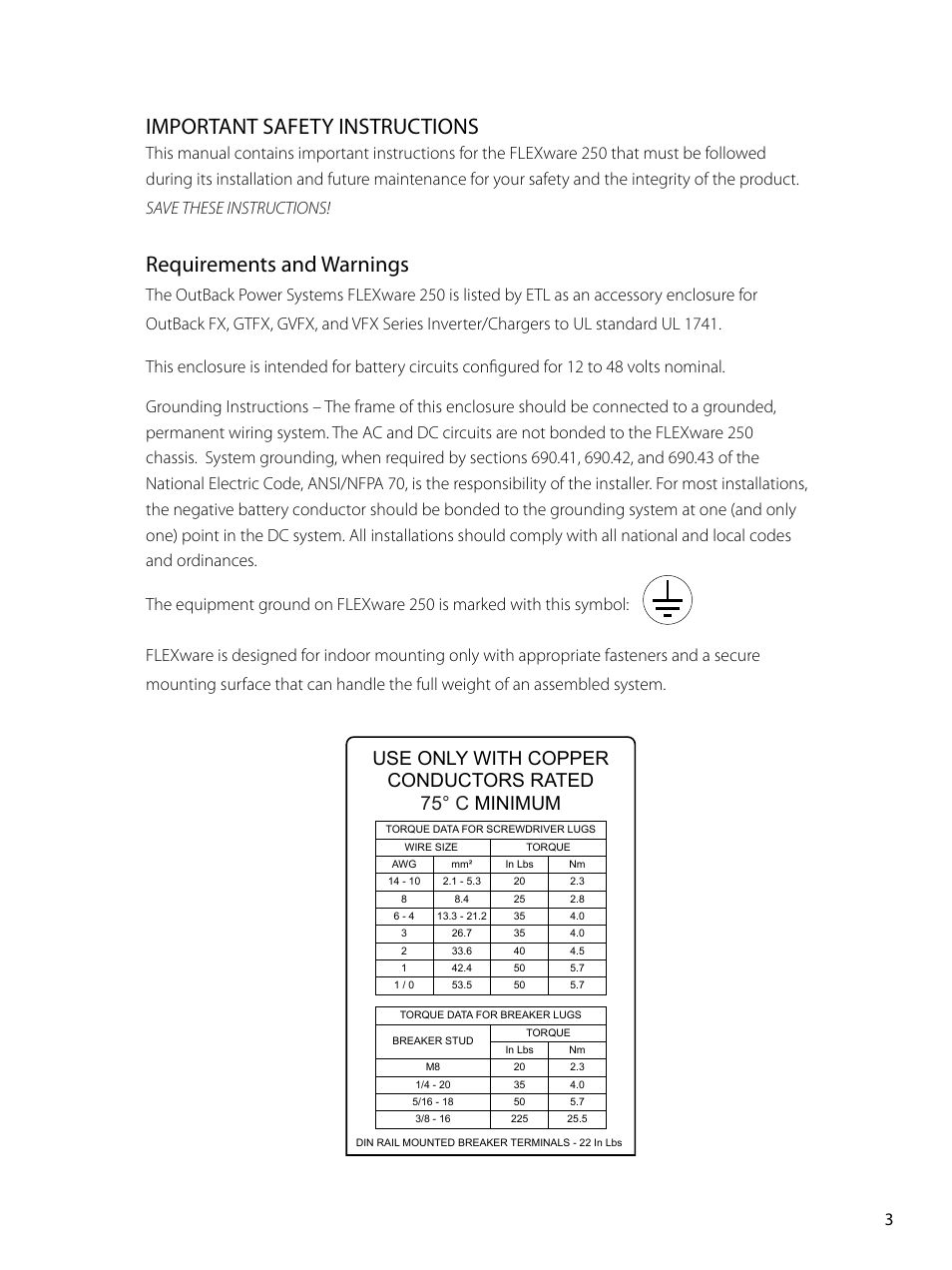 Important safety instructions, Requirements and warnings, Outback power systems, inc | Outback Power Systems FLEXware 250 - Users Guide User Manual | Page 5 / 16