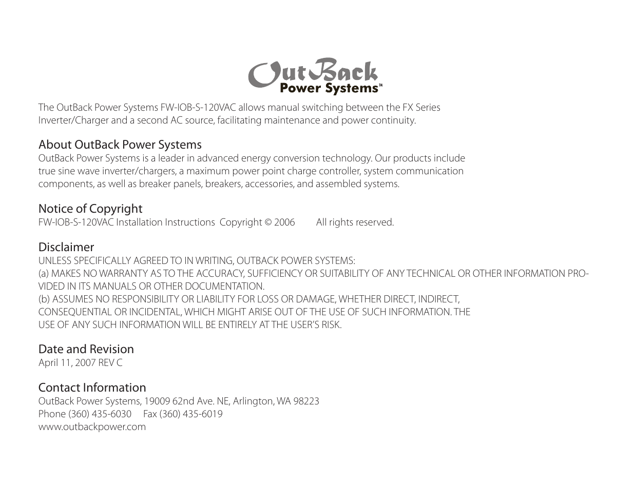 Outback Power Systems FW-IOB-S-120VAC Input/Output/Bypass Assembly - Installation Instructions User Manual | Page 2 / 8