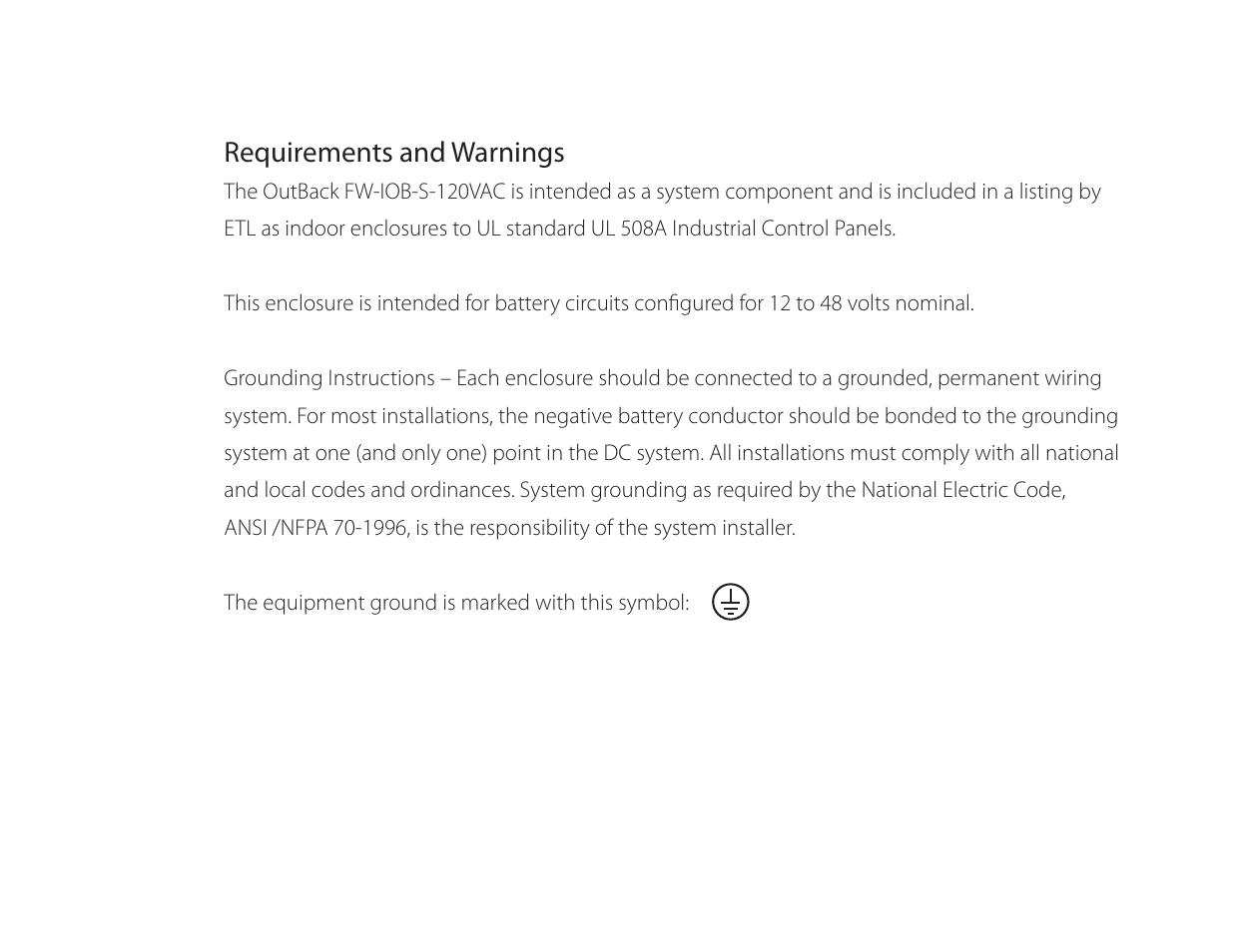 Requirements and warnings | Outback Power Systems FW-IOB-S-120VAC Input/Output/Bypass Assembly - Installation Instructions User Manual | Page 3 / 8