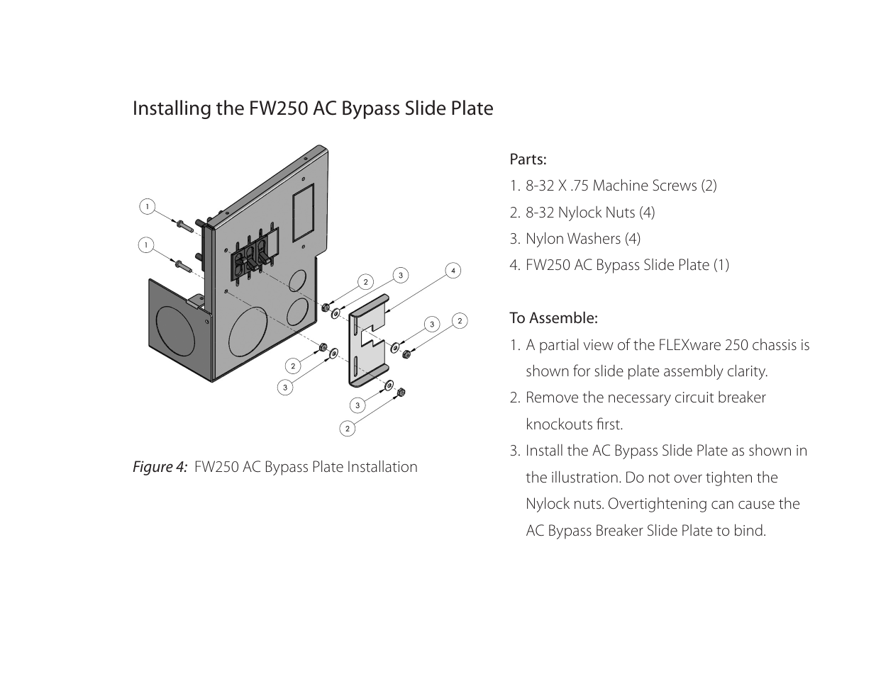 Installing the fw250 ac bypass slide plate | Outback Power Systems FW-IOB-S-120VAC Input/Output/Bypass Assembly - Installation Instructions User Manual | Page 7 / 8