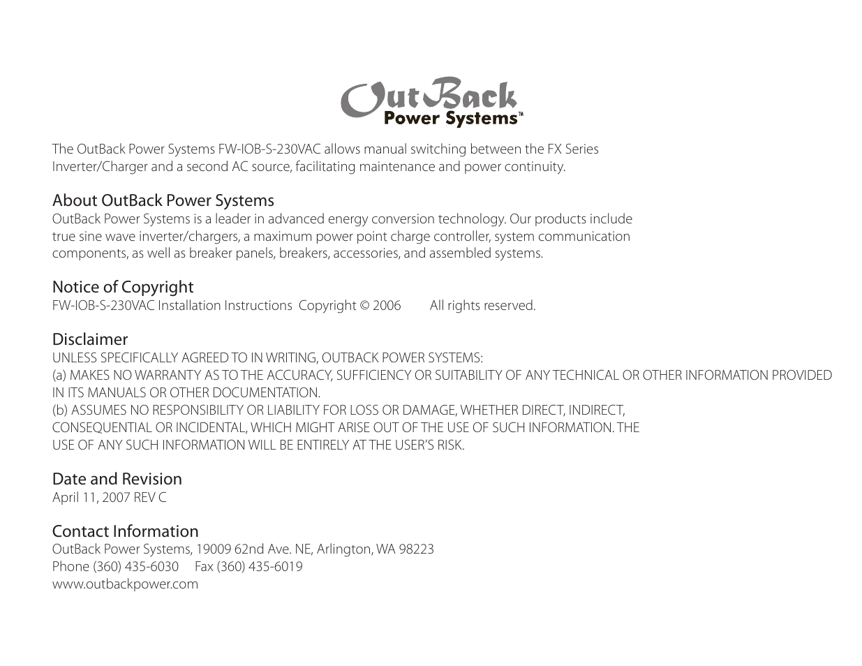 Outback Power Systems FW-IOB-S-230VAC Input/Output/Bypass Assembly - Installation Instructions User Manual | Page 2 / 8