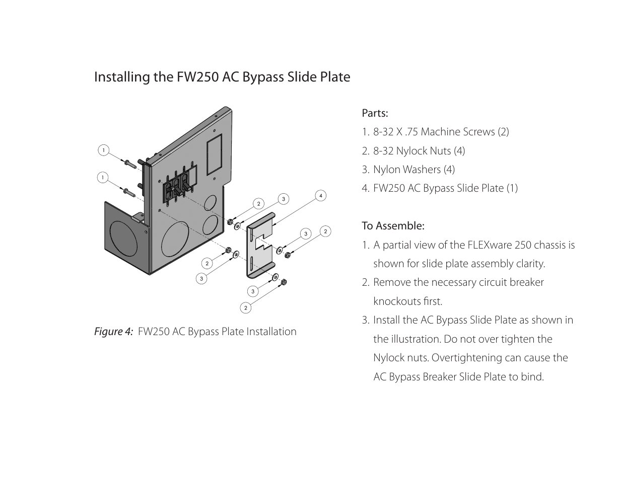 Installing the fw250 ac bypass slide plate | Outback Power Systems FW-IOB-S-230VAC Input/Output/Bypass Assembly - Installation Instructions User Manual | Page 7 / 8