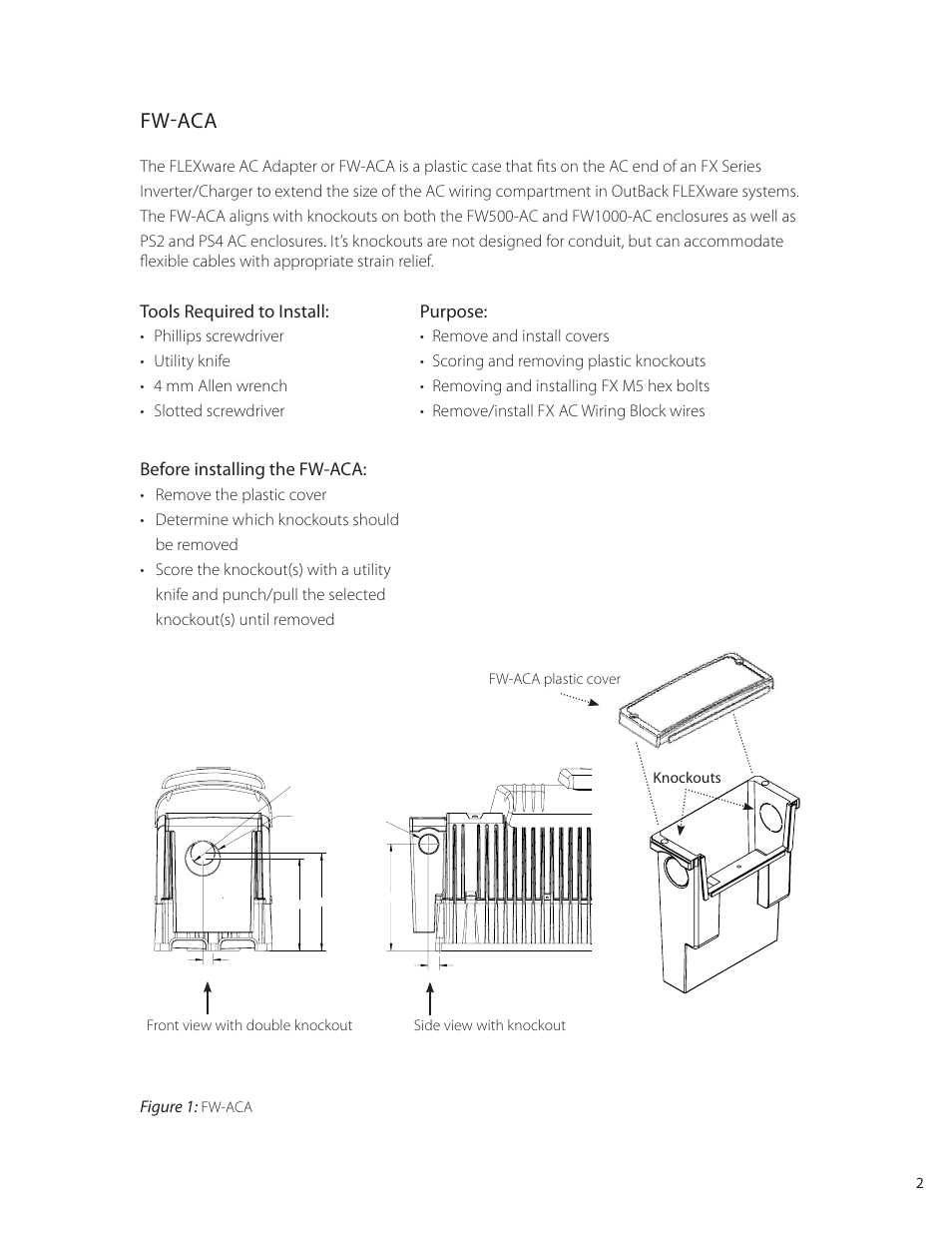 Fw-aca, Before installing the fw-aca, Tools required to install: purpose | Outback Power Systems FLEXware ACA AC Conduit Adapter Users Guide User Manual | Page 3 / 8