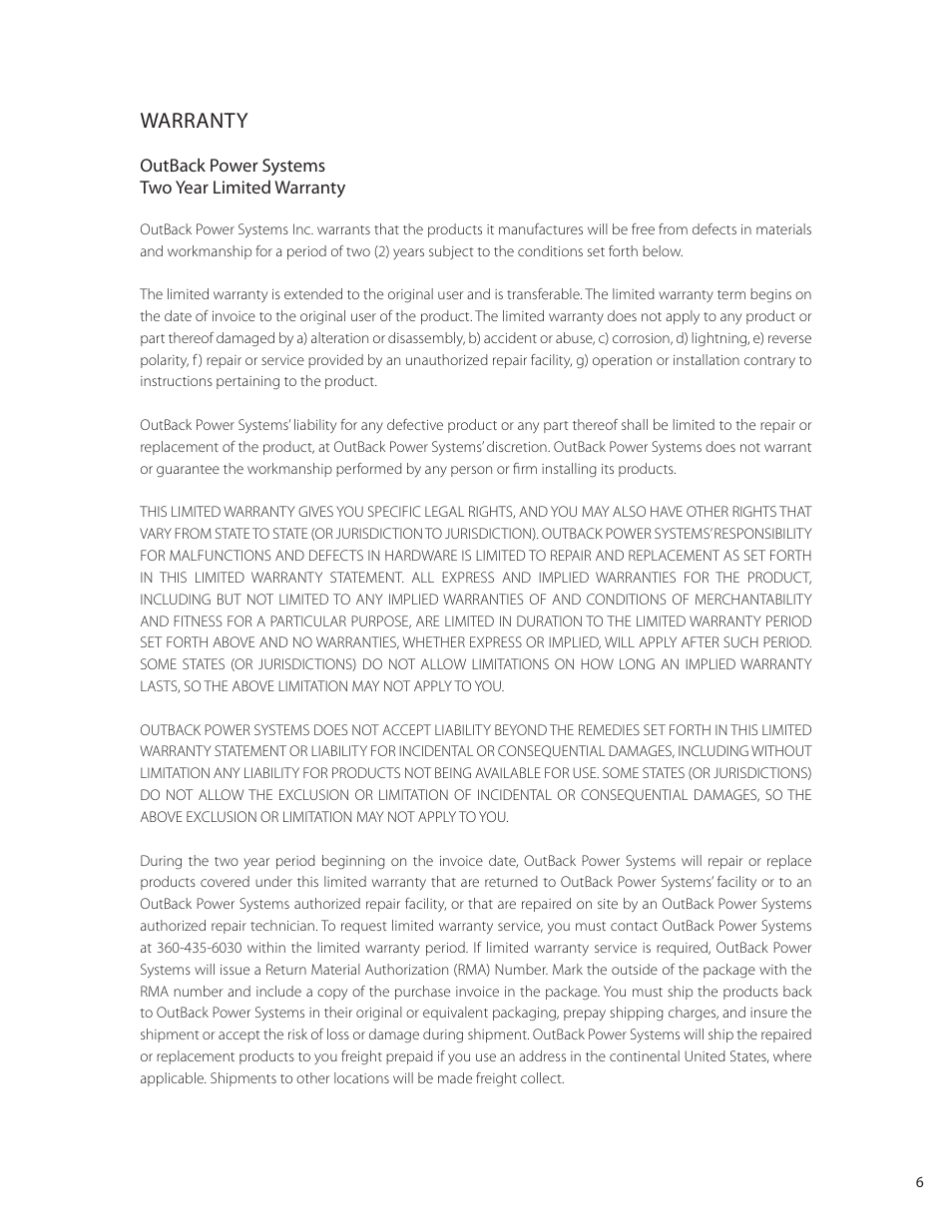 Warranty | Outback Power Systems FLEXware ACA AC Conduit Adapter Users Guide User Manual | Page 7 / 8