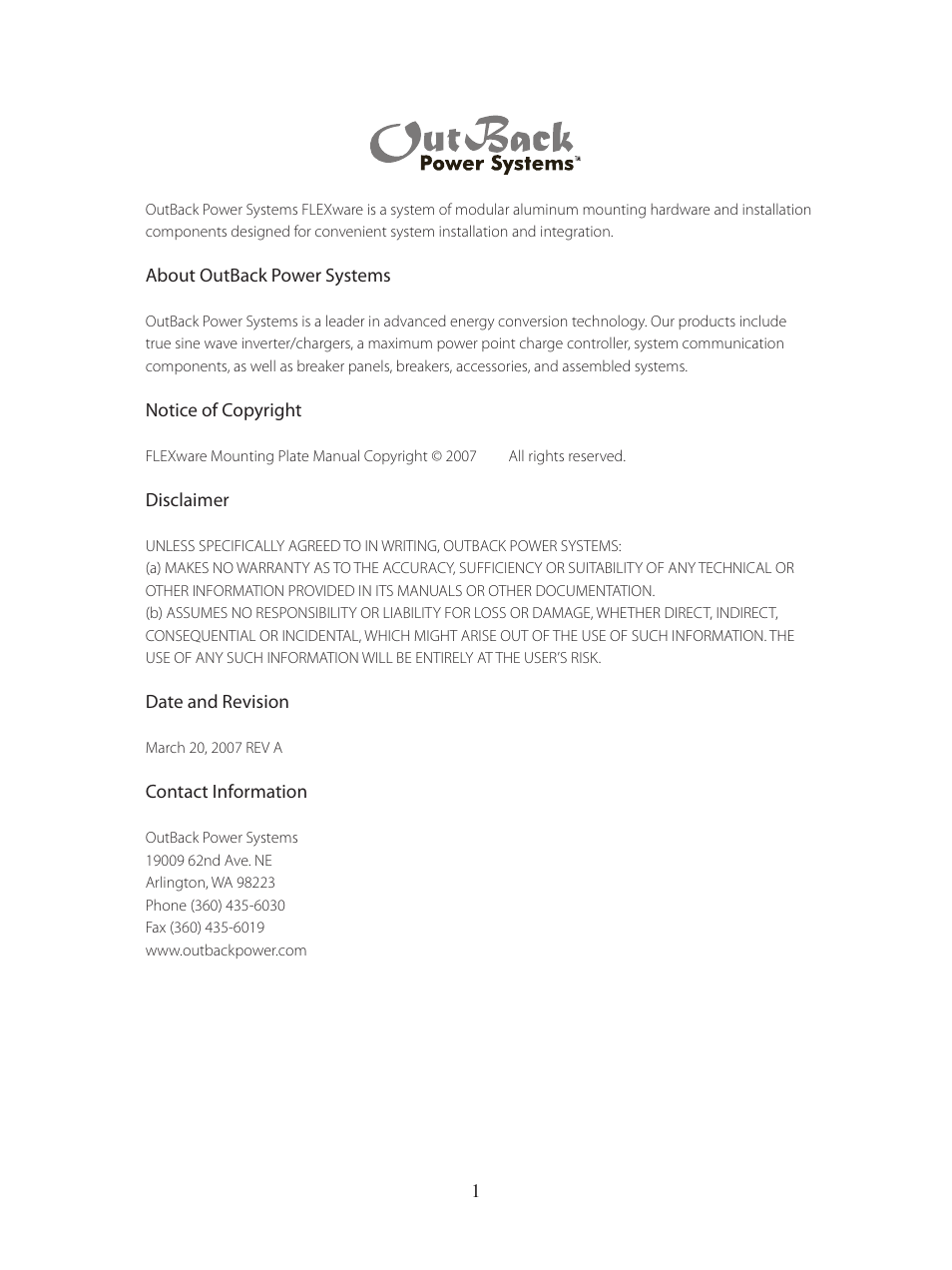 Outback Power Systems FLEXware Mounting Plate Users Guide User Manual | Page 2 / 12