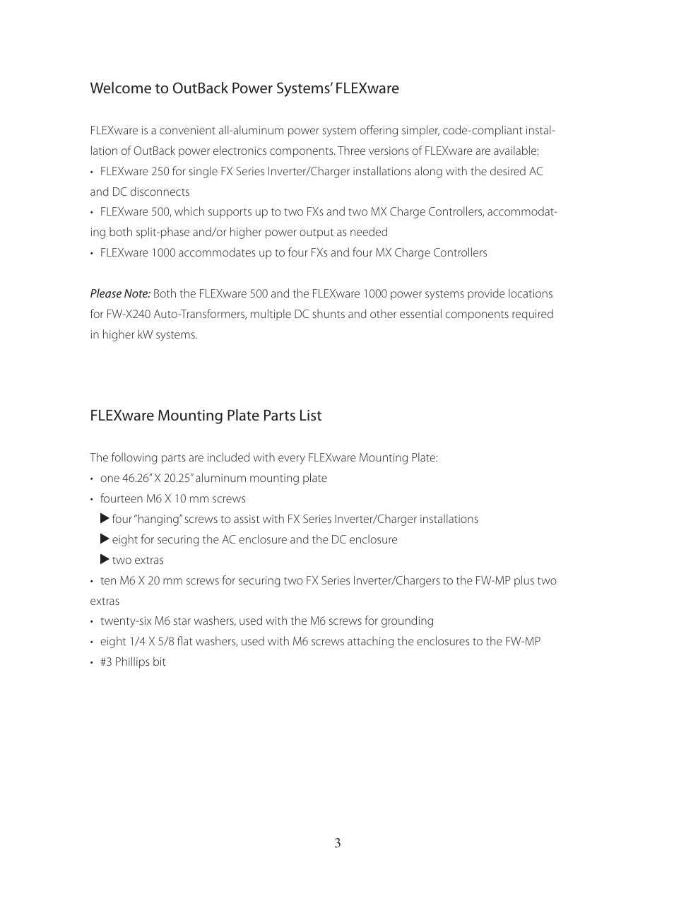 Welcome to outback power systems’ flexware, Flexware mounting plate parts list | Outback Power Systems FLEXware Mounting Plate Users Guide User Manual | Page 4 / 12