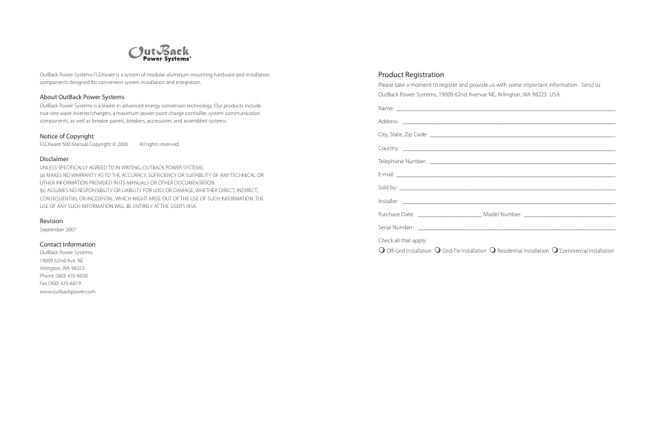Product registration | Outback Power Systems FLEXware 500 Users Guide User Manual | Page 2 / 12