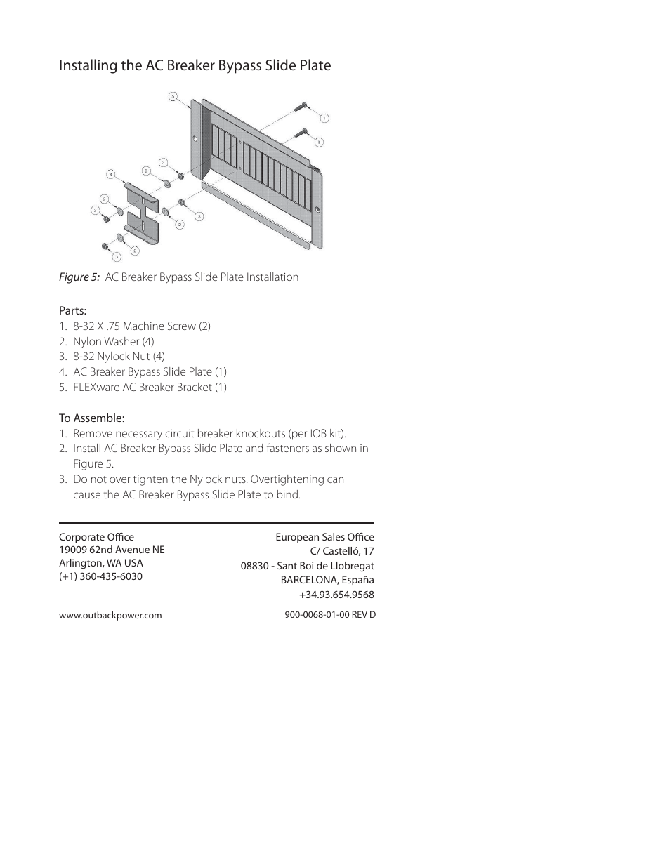 Installing the ac breaker bypass slide plate | Outback Power Systems FW-IOB-D-120VAC Input/Output/Bypass Assembly - Installation Instructions User Manual | Page 8 / 8