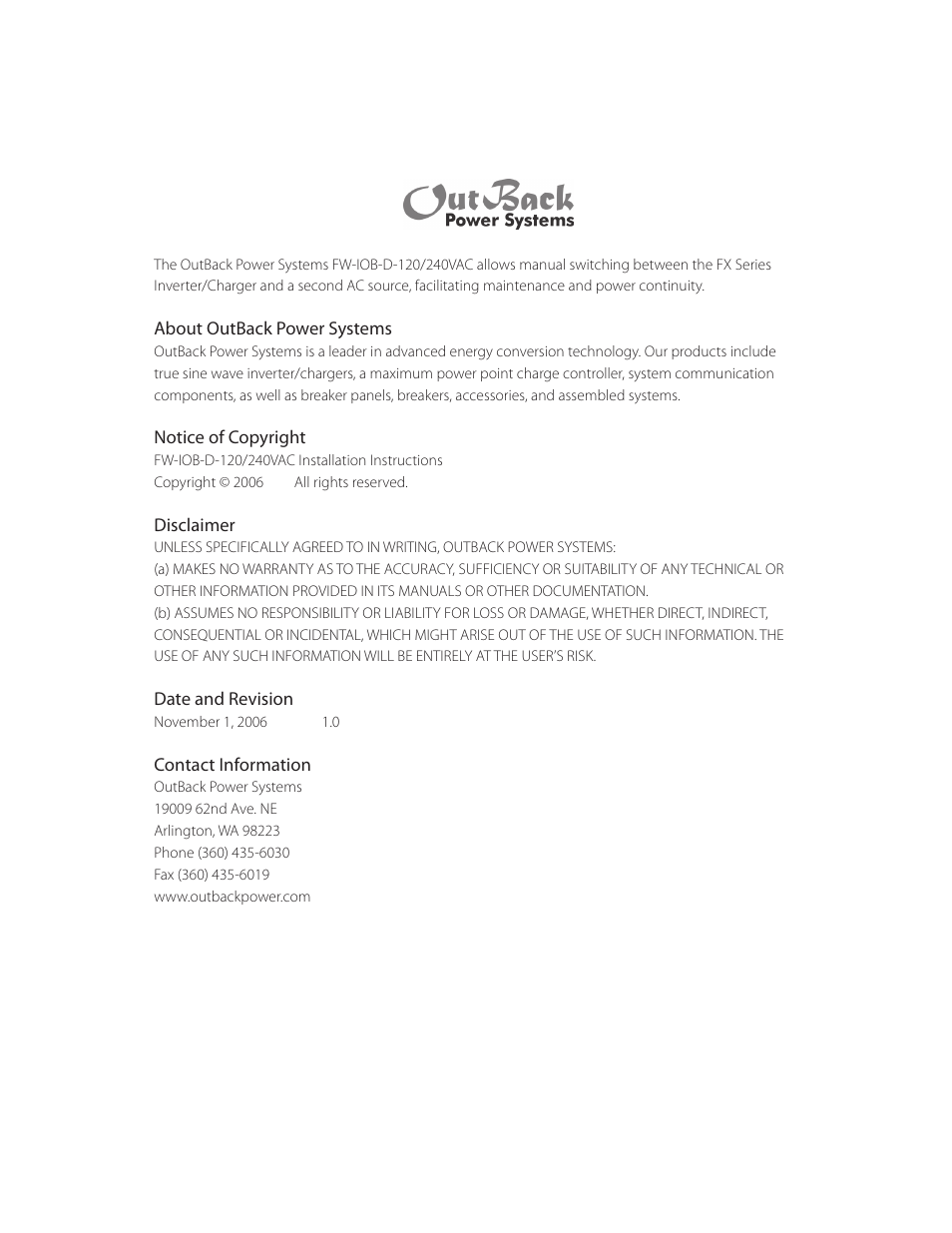 Outback Power Systems FW-IOB-D-120/240VAC Input/Output/Bypass Assembly - Installation Instructions User Manual | Page 2 / 8