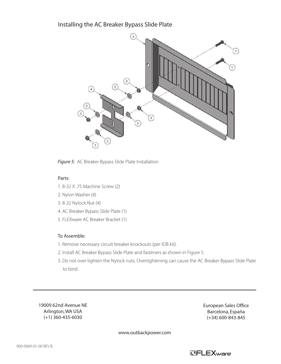 Installing the ac breaker bypass slide plate | Outback Power Systems FW-IOB-D-120/240VAC Input/Output/Bypass Assembly - Installation Instructions User Manual | Page 8 / 8