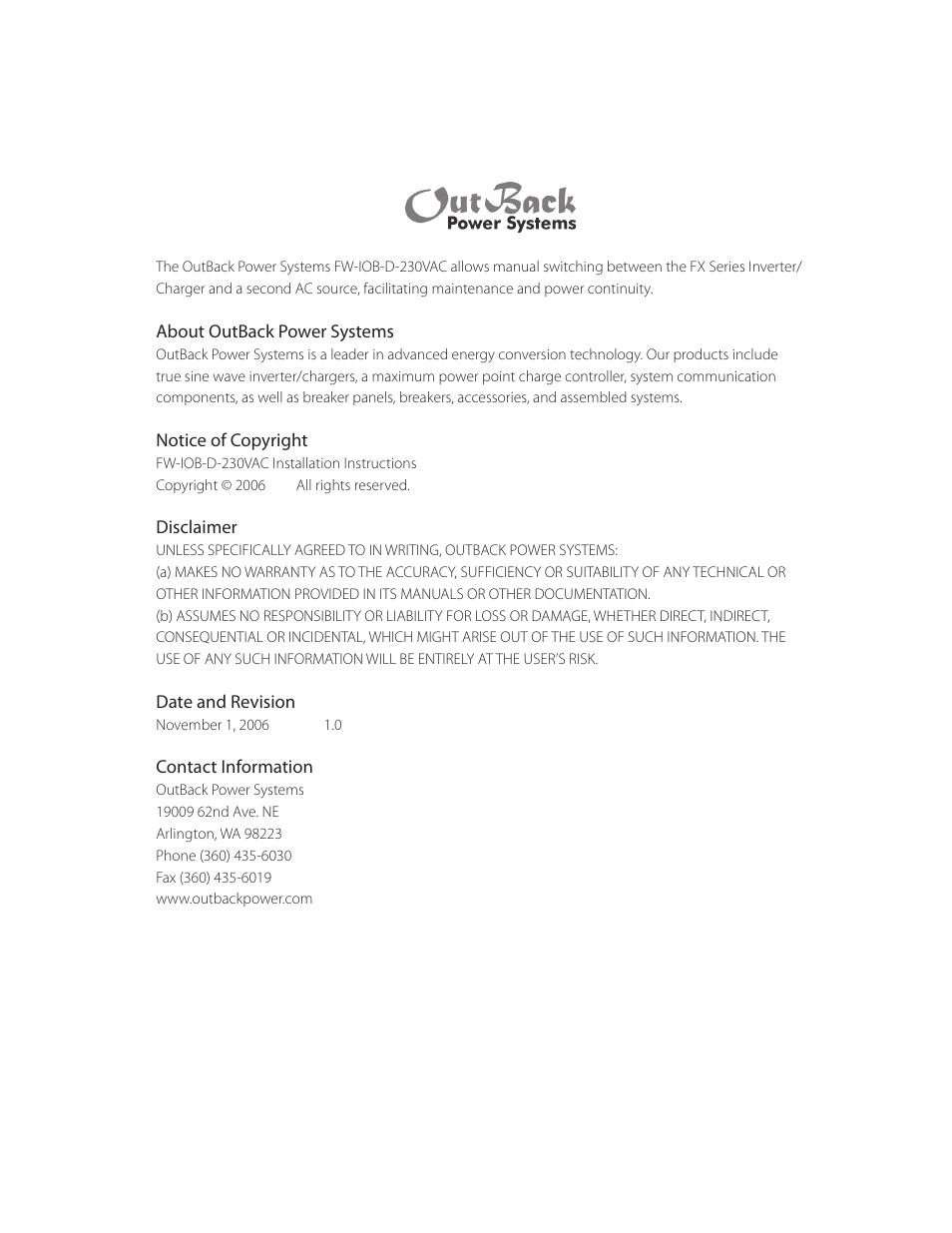 Outback Power Systems FW-IOB-D-230VAC Input/Output/Bypass Assembly - Installation Instructions User Manual | Page 2 / 8