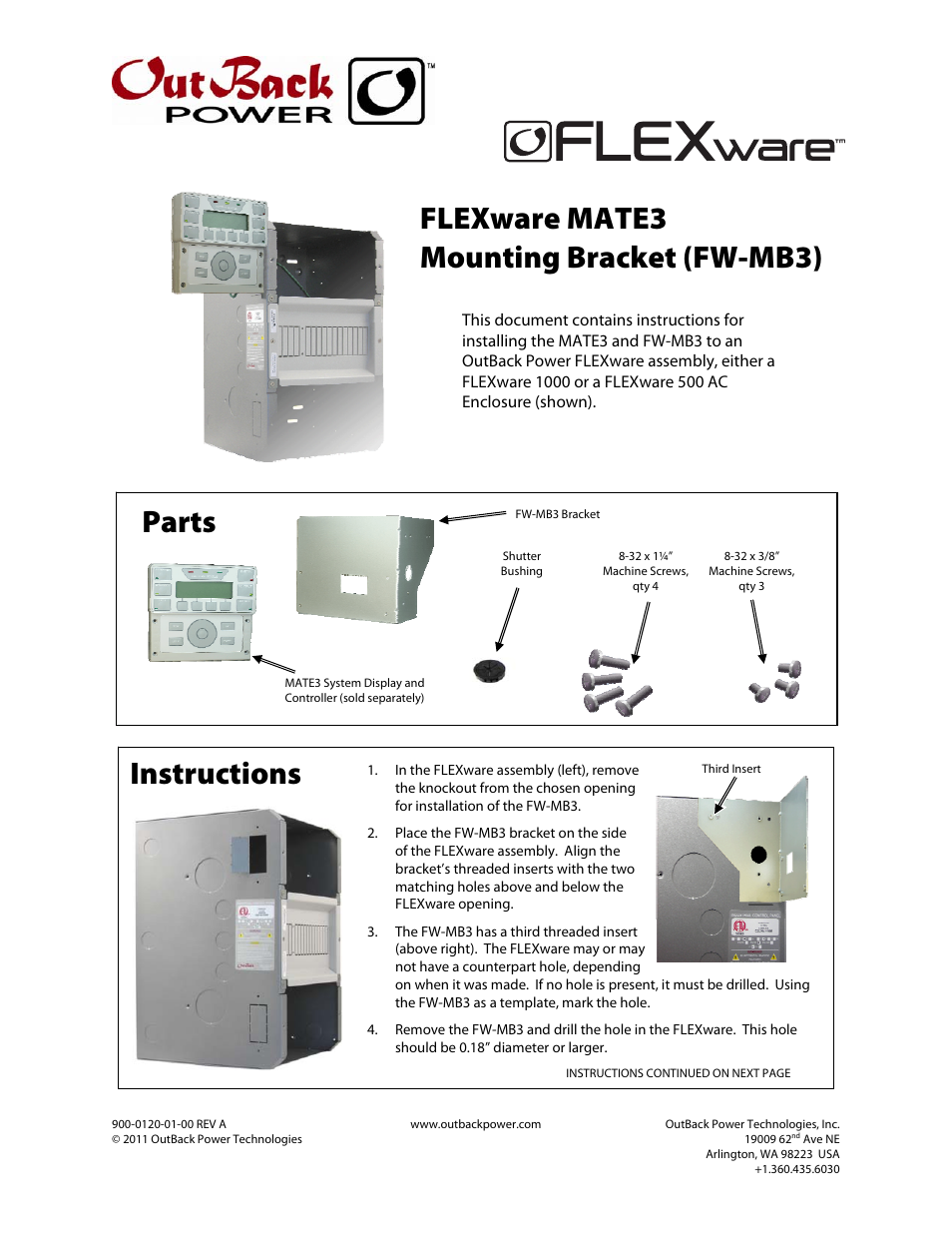 Outback Power Systems FLEXware MATE3 Mounting Bracket - Installation Instructions User Manual | 2 pages