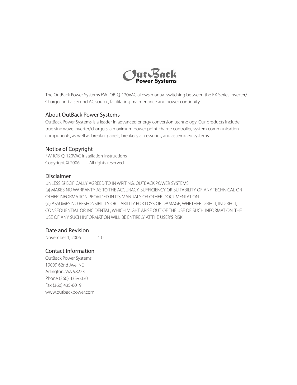 Outback Power Systems FW-IOB-Q-120VAC Input/Output/Bypass Assembly - Installation Instructions User Manual | Page 2 / 8